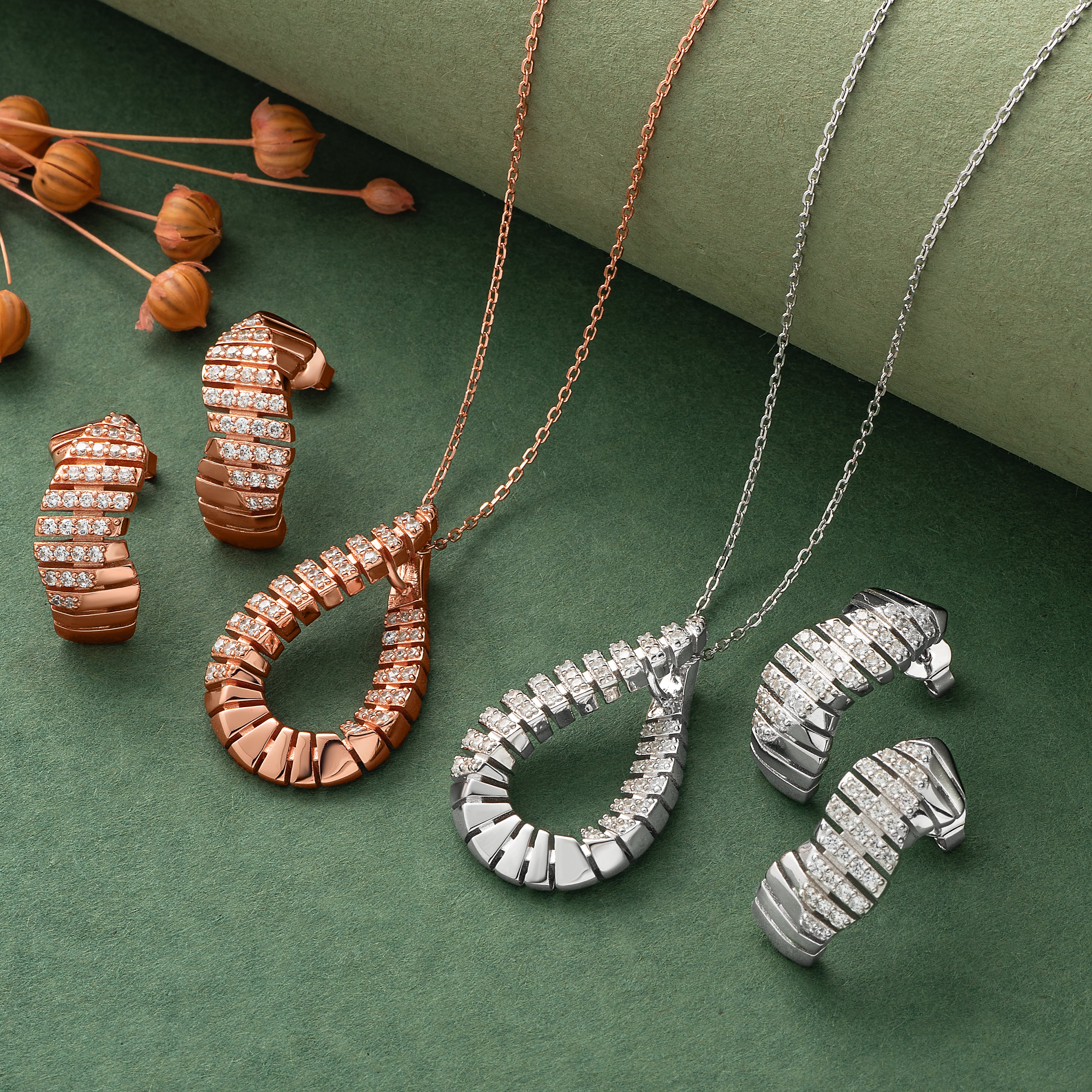 925 Silver Pendant Set With Earrings By Kesardeep For Women Rose Gold And Silver Plated Party Wear