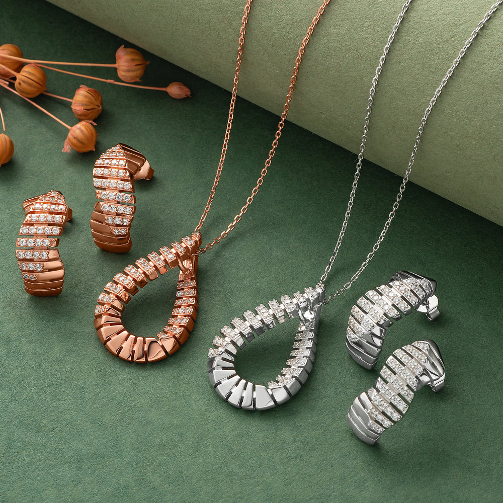 925 Silver Pendant Set With Earrings By Kesardeep For Women Rose Gold And Silver Plated Party Wear