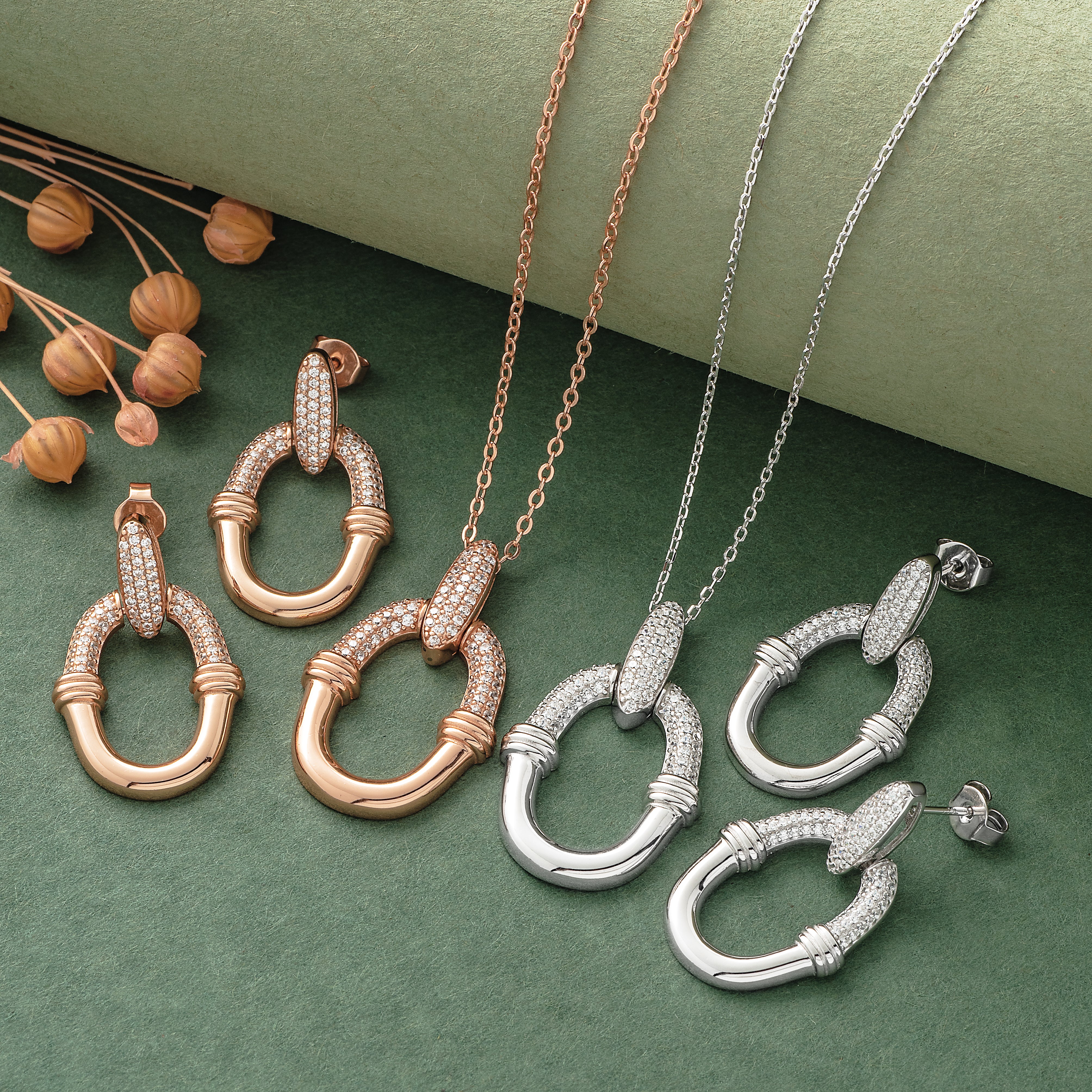 925 Silver Pendant Set With Earrings By Kesardeep For Women Rose Gold And Silver Plated Party Wear