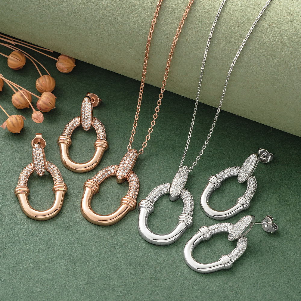 925 Silver Pendant Set With Earrings By Kesardeep For Women Rose Gold And Silver Plated Party Wear