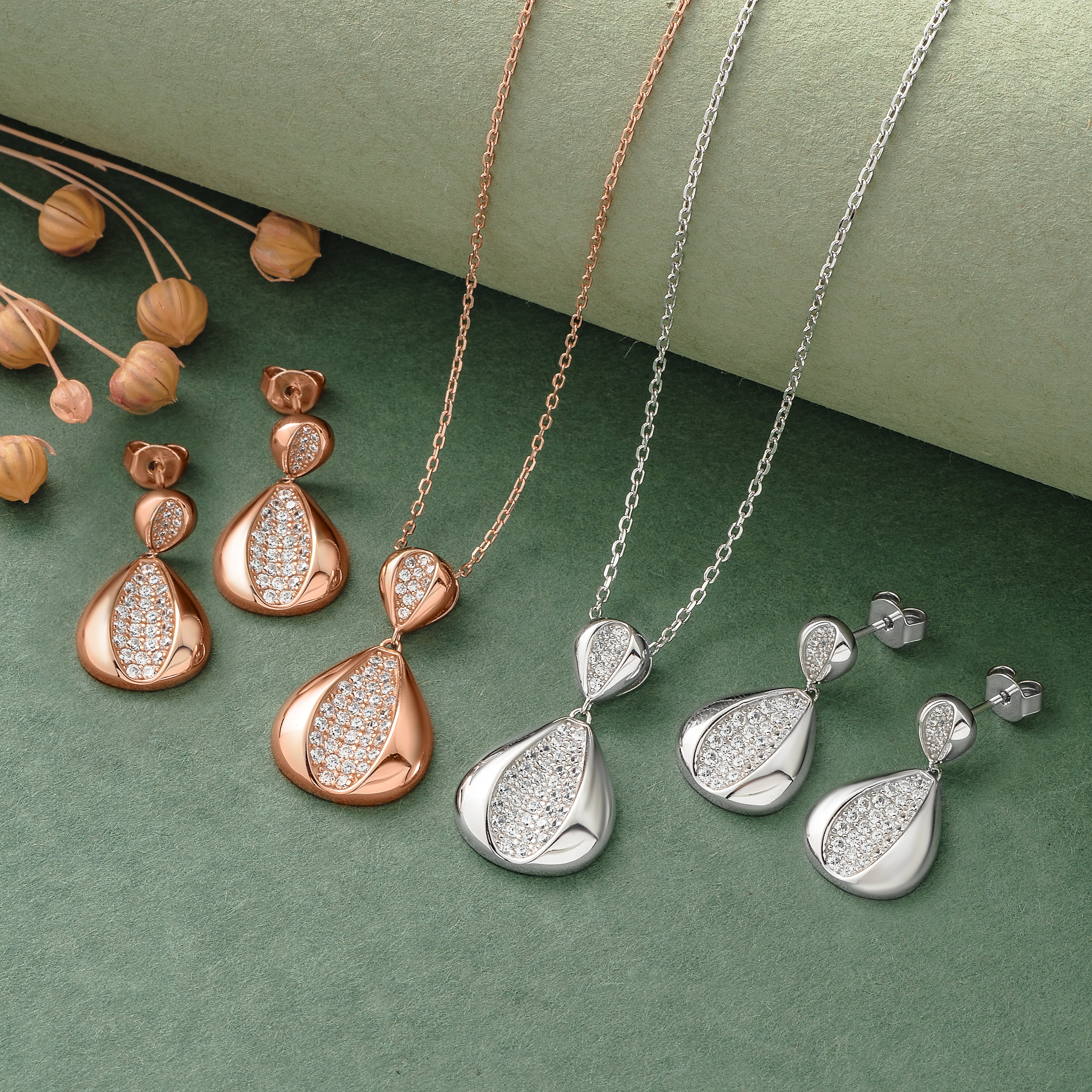 925 Silver Pendant Set With Earrings By Kesardeep For Women Rose Gold And Silver Plated Party Wear