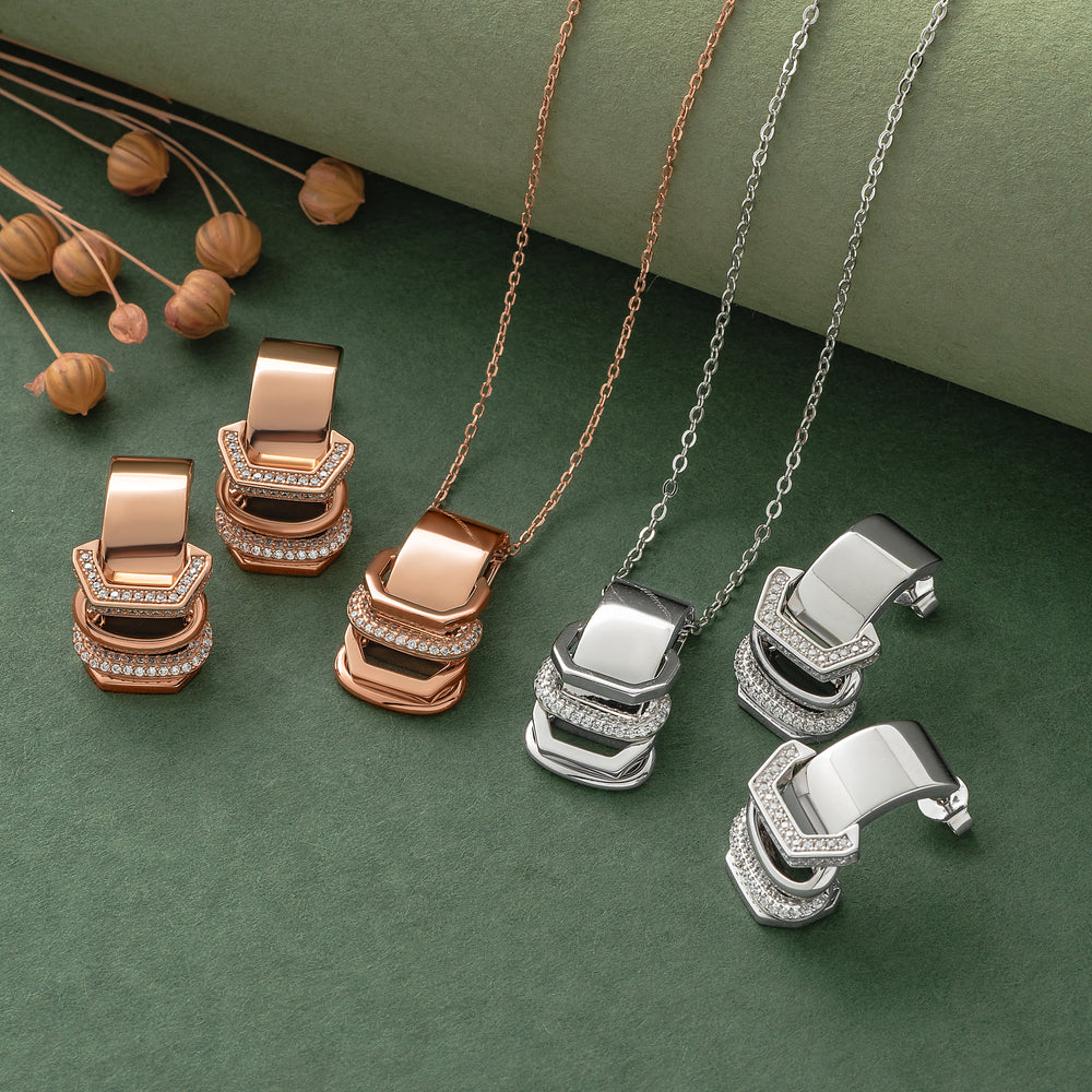 925 Silver Pendant Set With Earrings By Kesardeep For Women Rose Gold And Silver Plated Party Wear
