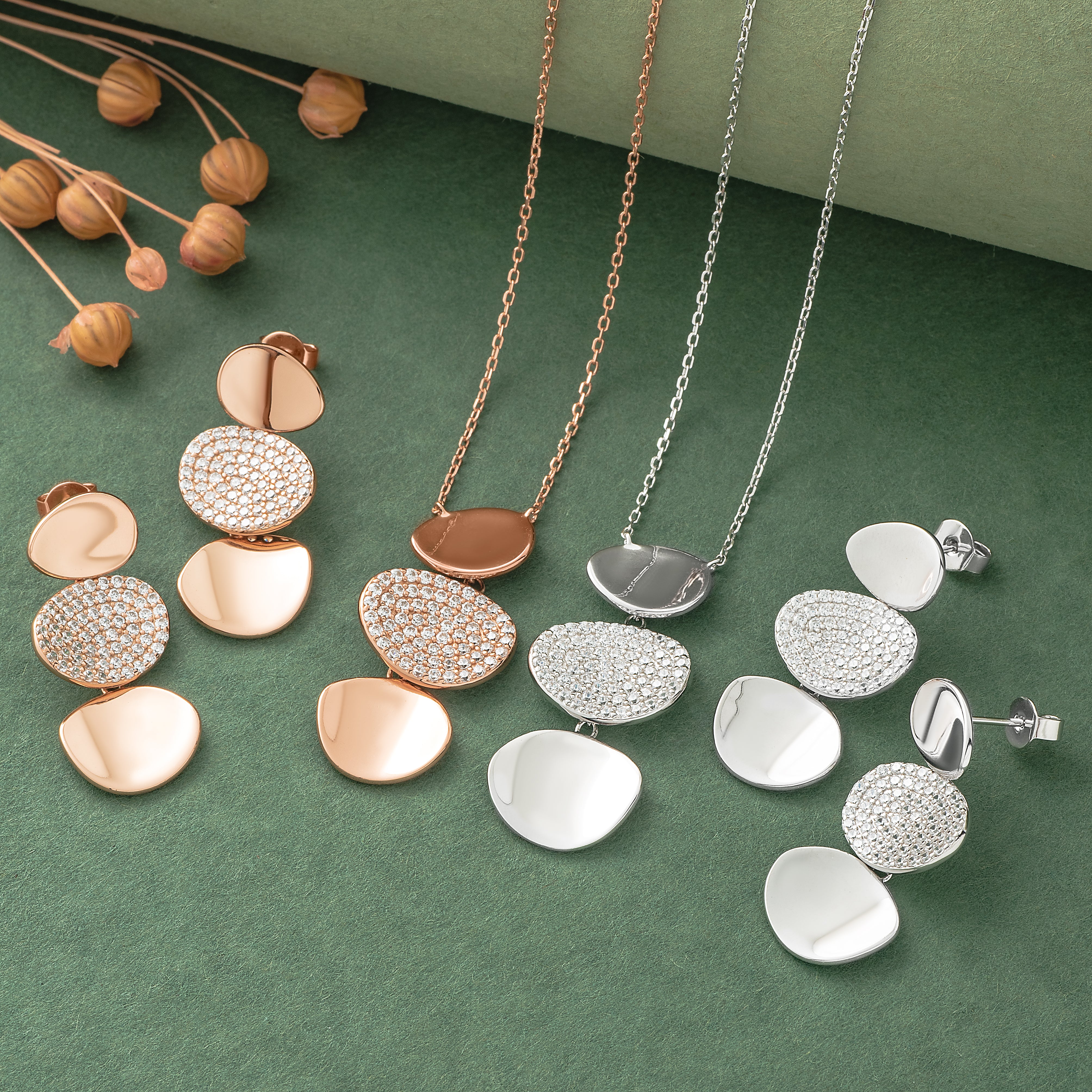 925 Silver Pendant Set With Earrings By Kesardeep For Women Rose Gold And Silver Plated Party Wear
