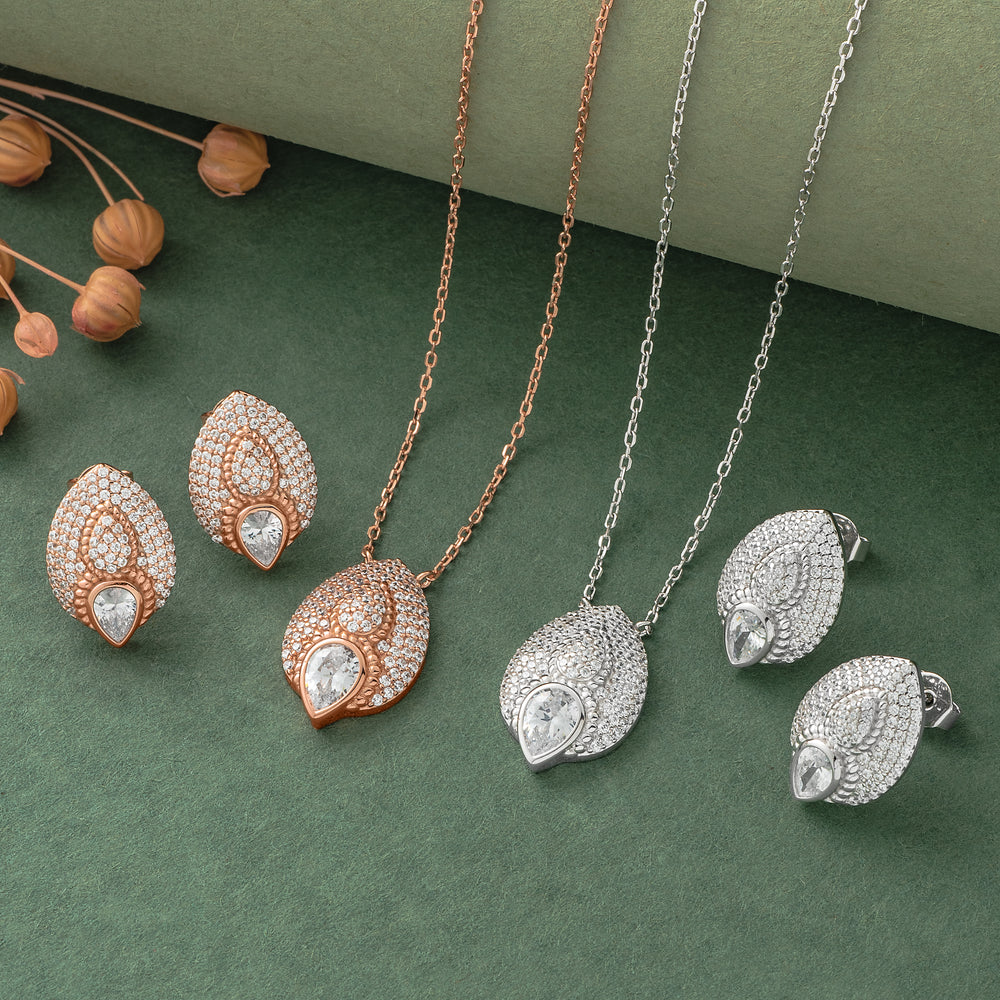 925 Silver Pendant Set With Earrings By Kesardeep For Women Rose Gold And Silver Plated Party Wear