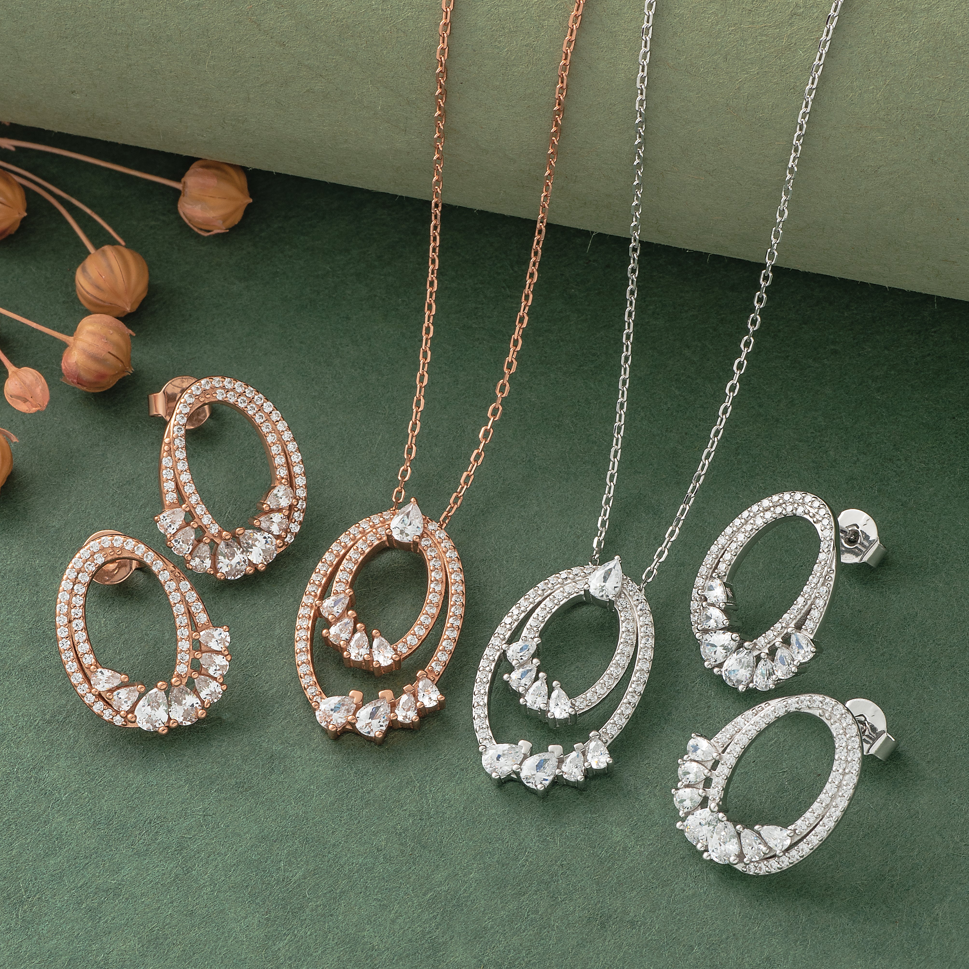 925 Silver Pendant Set With Earrings By Kesardeep For Women Rose Gold And Silver Plated Party Wear