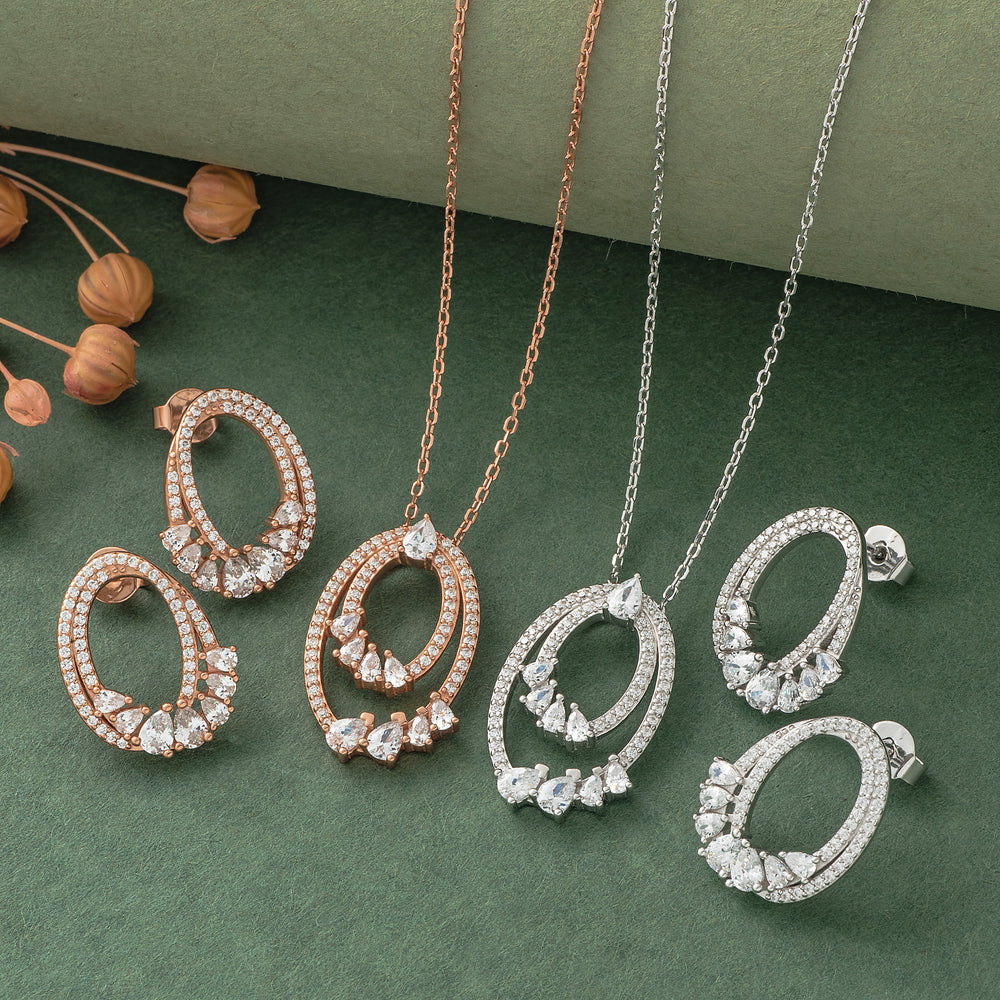 925 Silver Pendant Set With Earrings By Kesardeep For Women Rose Gold And Silver Plated Party Wear