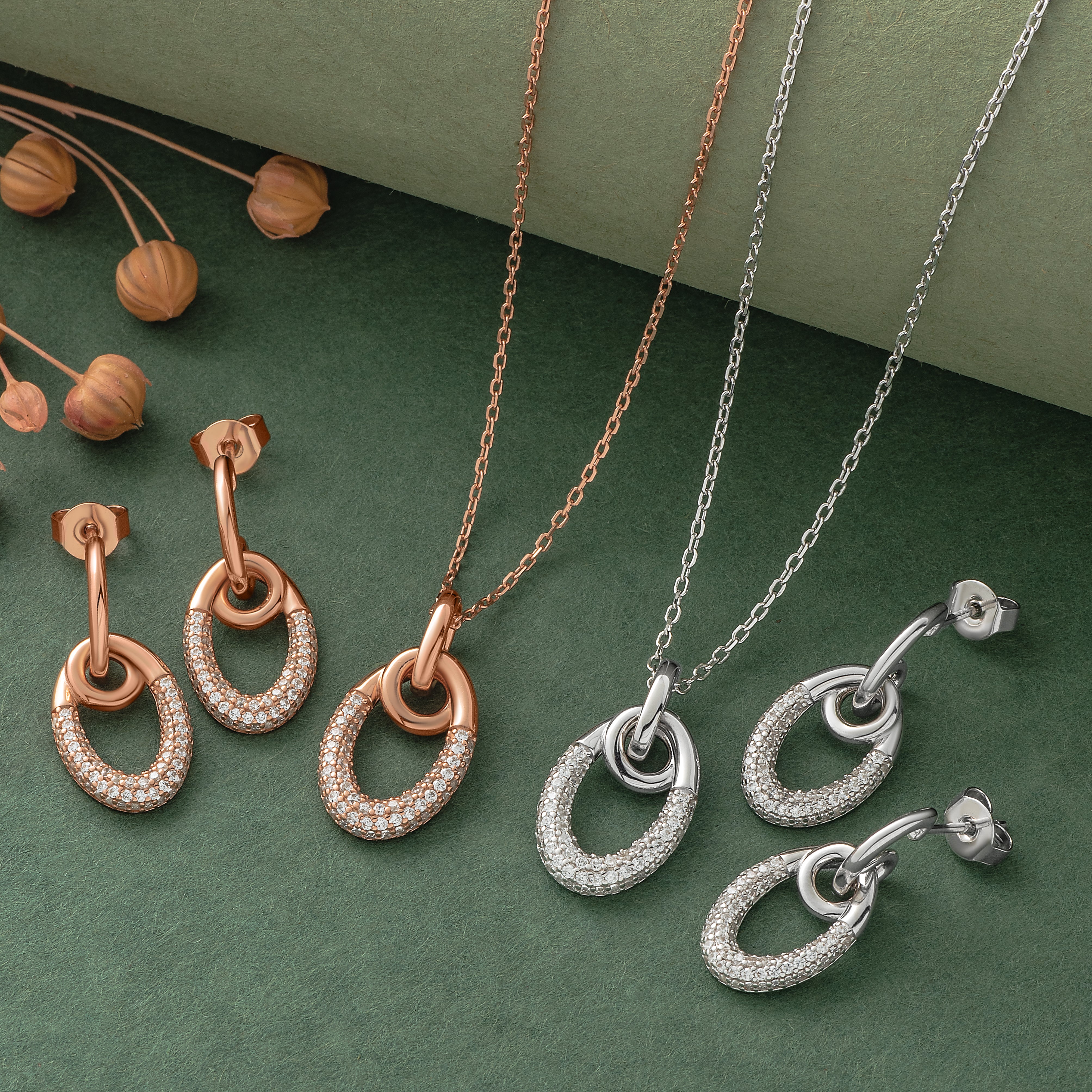 925 Silver Pendant Set With Earrings By Kesardeep For Women Rose Gold And Silver Plated Party Wear