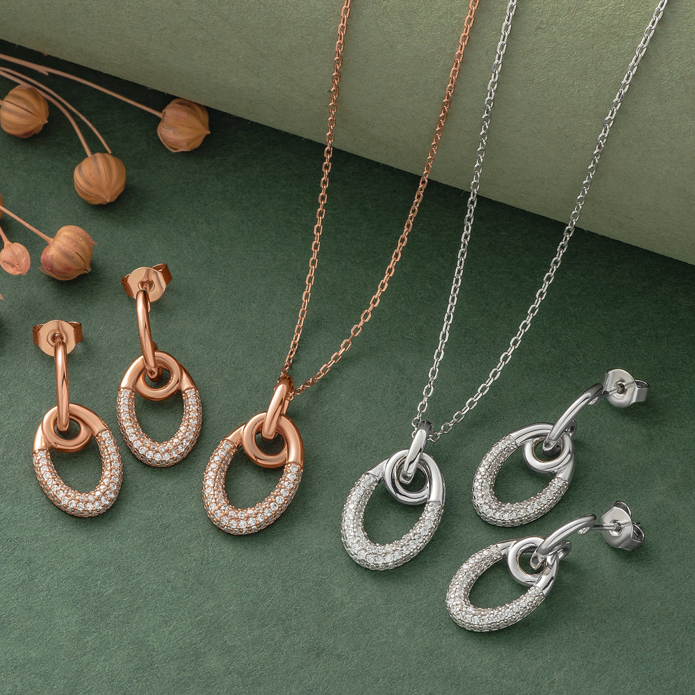 925 Silver Pendant Set With Earrings By Kesardeep For Women Rose Gold And Silver Plated Party Wear