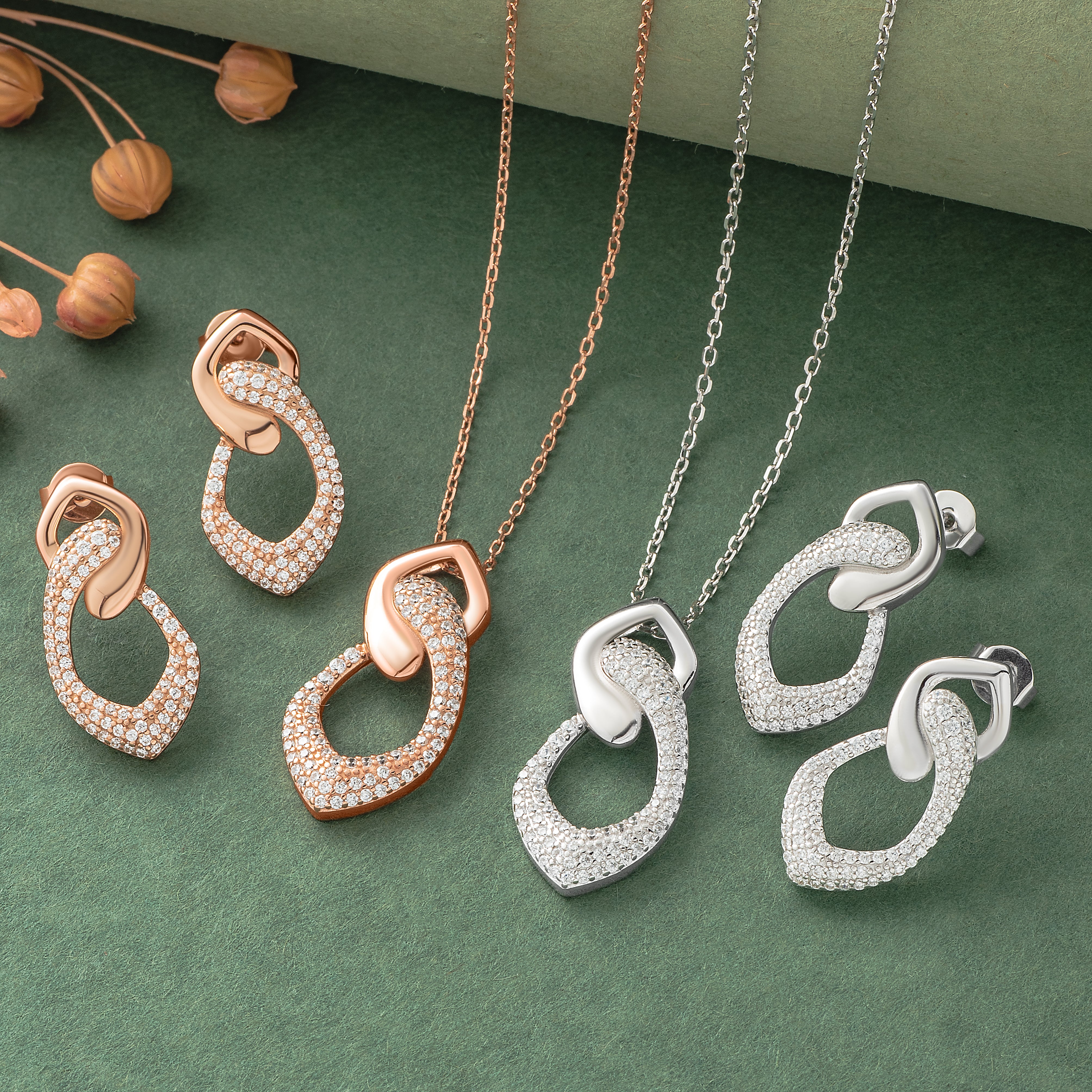 925 Silver Pendant Set With Earrings By Kesardeep For Women Rose Gold And Silver Plated Party Wear