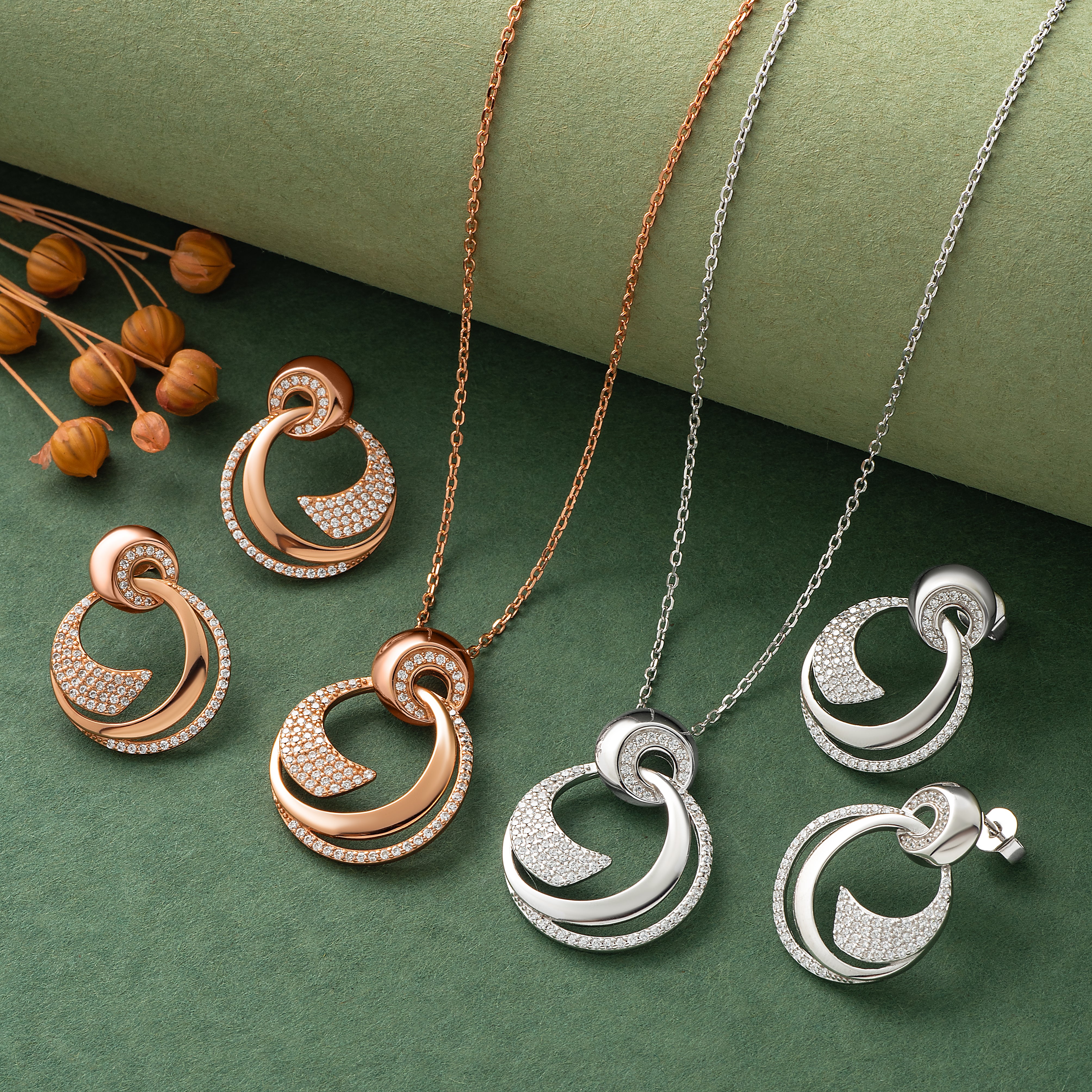 925 Silver Pendant Set With Earrings By Kesardeep For Women Rose Gold And Silver Plated Party Wear
