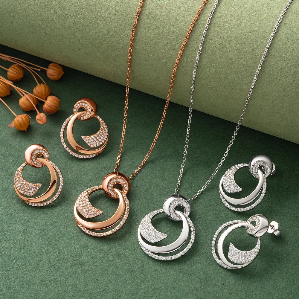 925 Silver Pendant Set With Earrings By Kesardeep For Women Rose Gold And Silver Plated Party Wear