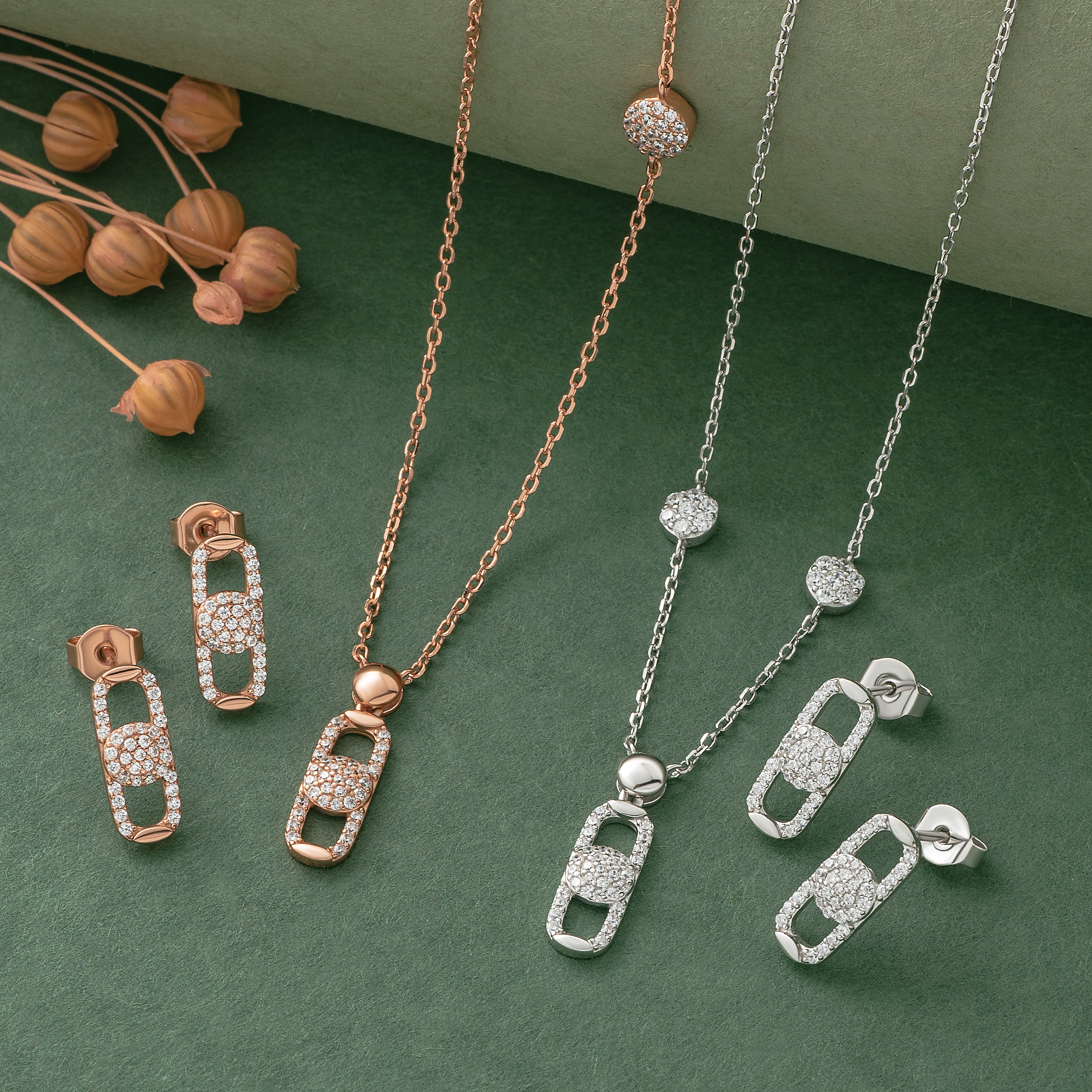 925 Silver Pendant Set With Earrings By Kesardeep For Women Rose Gold And Silver Plated Party Wear