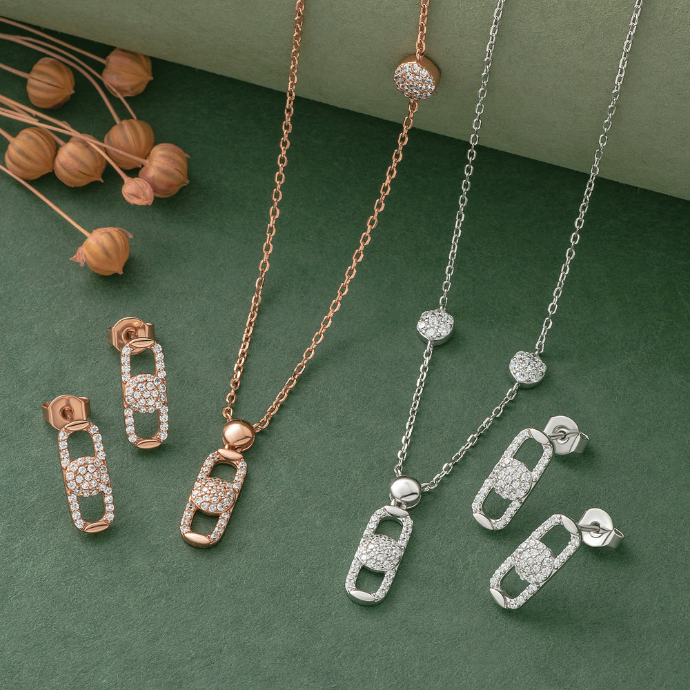 925 Silver Pendant Set With Earrings By Kesardeep For Women Rose Gold And Silver Plated Party Wear