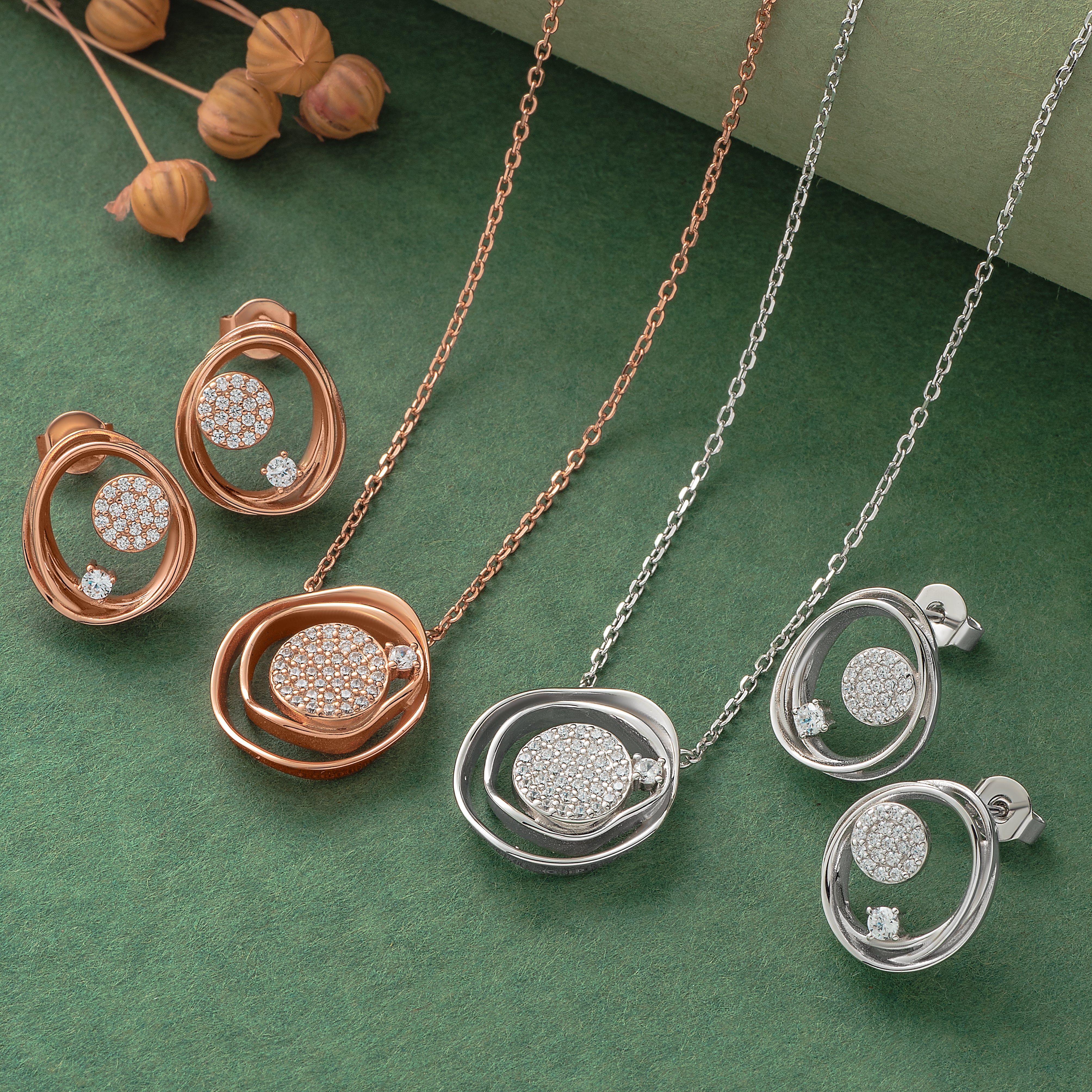925 Silver Pendant Set With Earrings By Kesardeep For Women Rose Gold And Silver Plated Party Wear