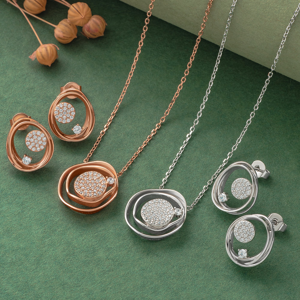 925 Silver Pendant Set With Earrings By Kesardeep For Women Rose Gold And Silver Plated Party Wear
