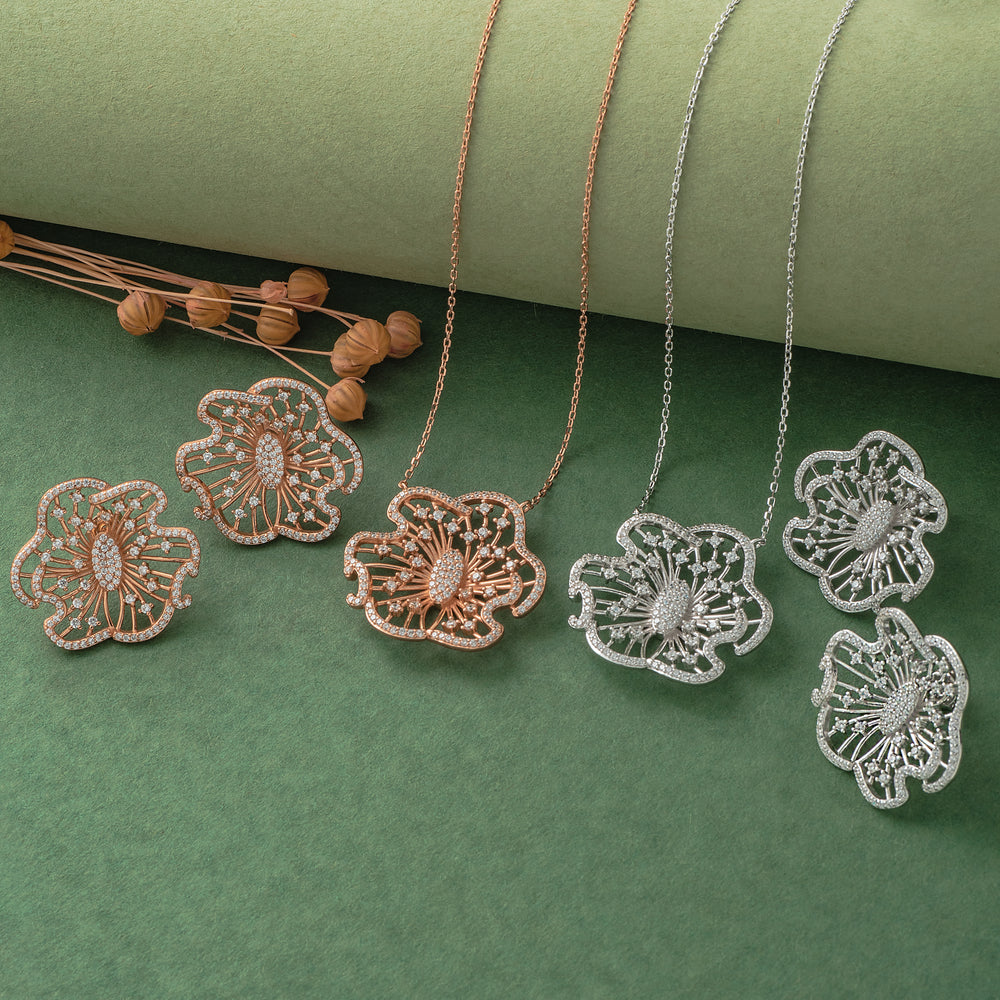925 Silver Pendant Set With Earrings By Kesardeep For Women Rose Gold And Silver Plated Party Wear