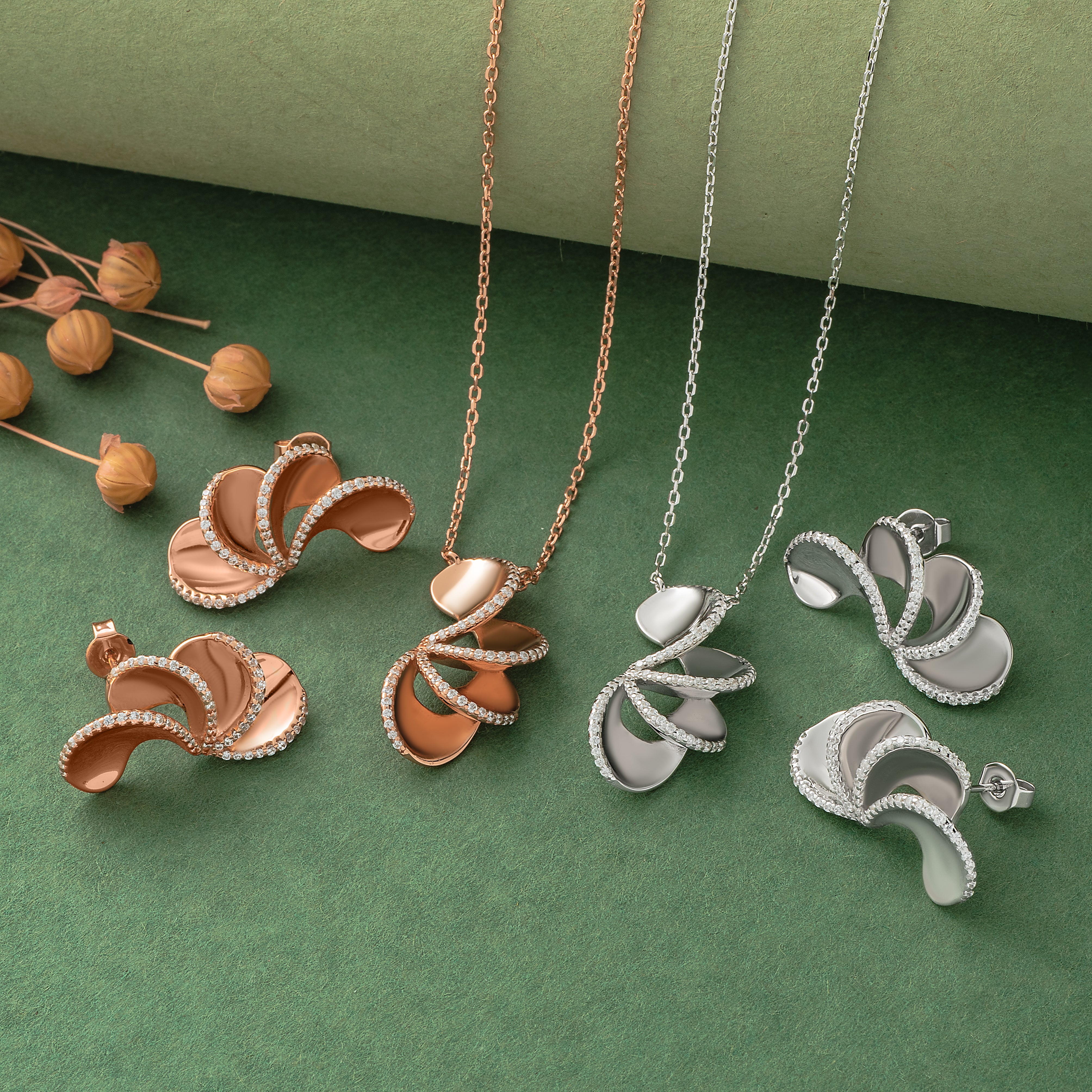 925 Silver Pendant Set With Earrings By Kesardeep For Women Rose Gold And Silver Plated Party Wear