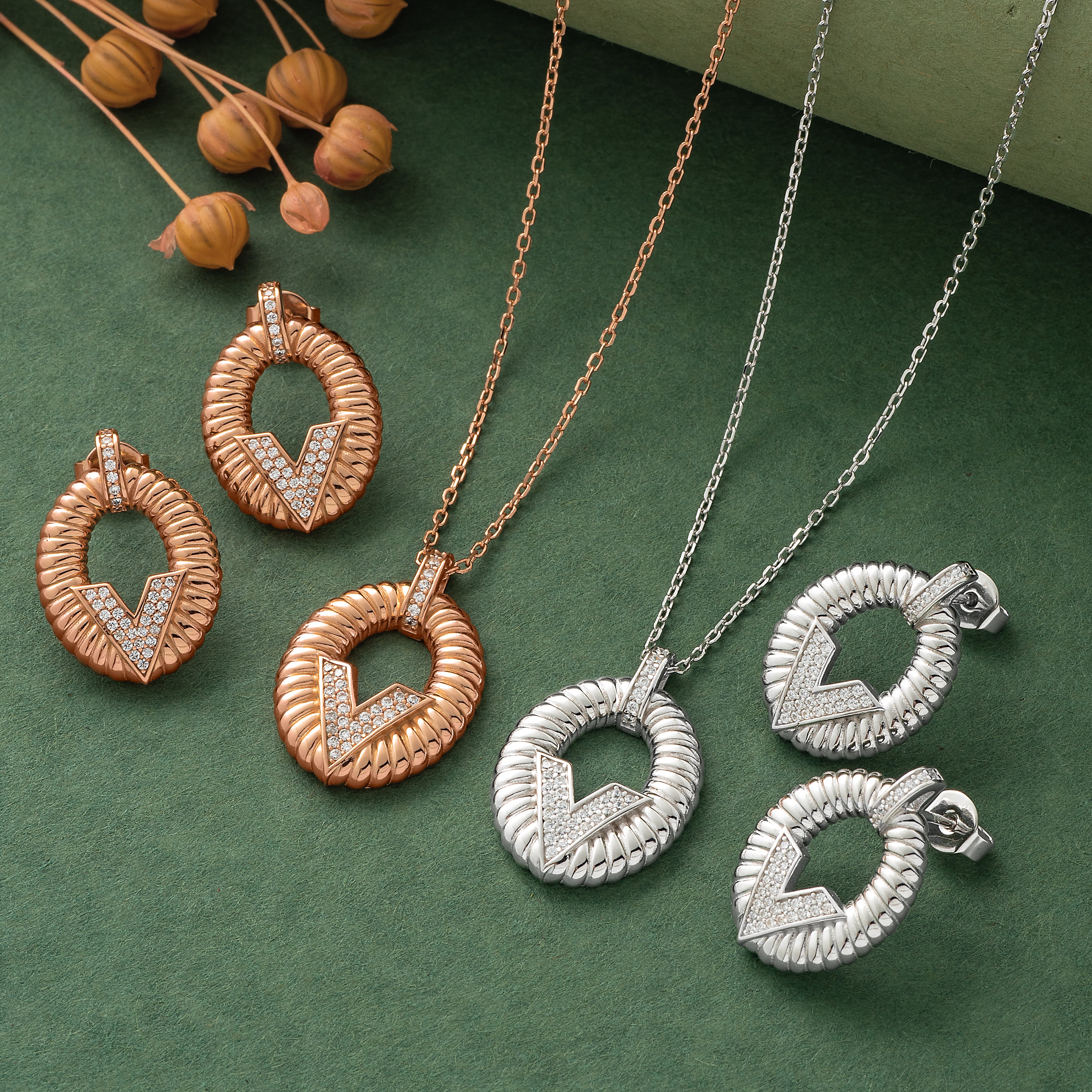 925 Silver Pendant Set With Earrings By Kesardeep For Women Rose Gold And Silver Plated Party Wear