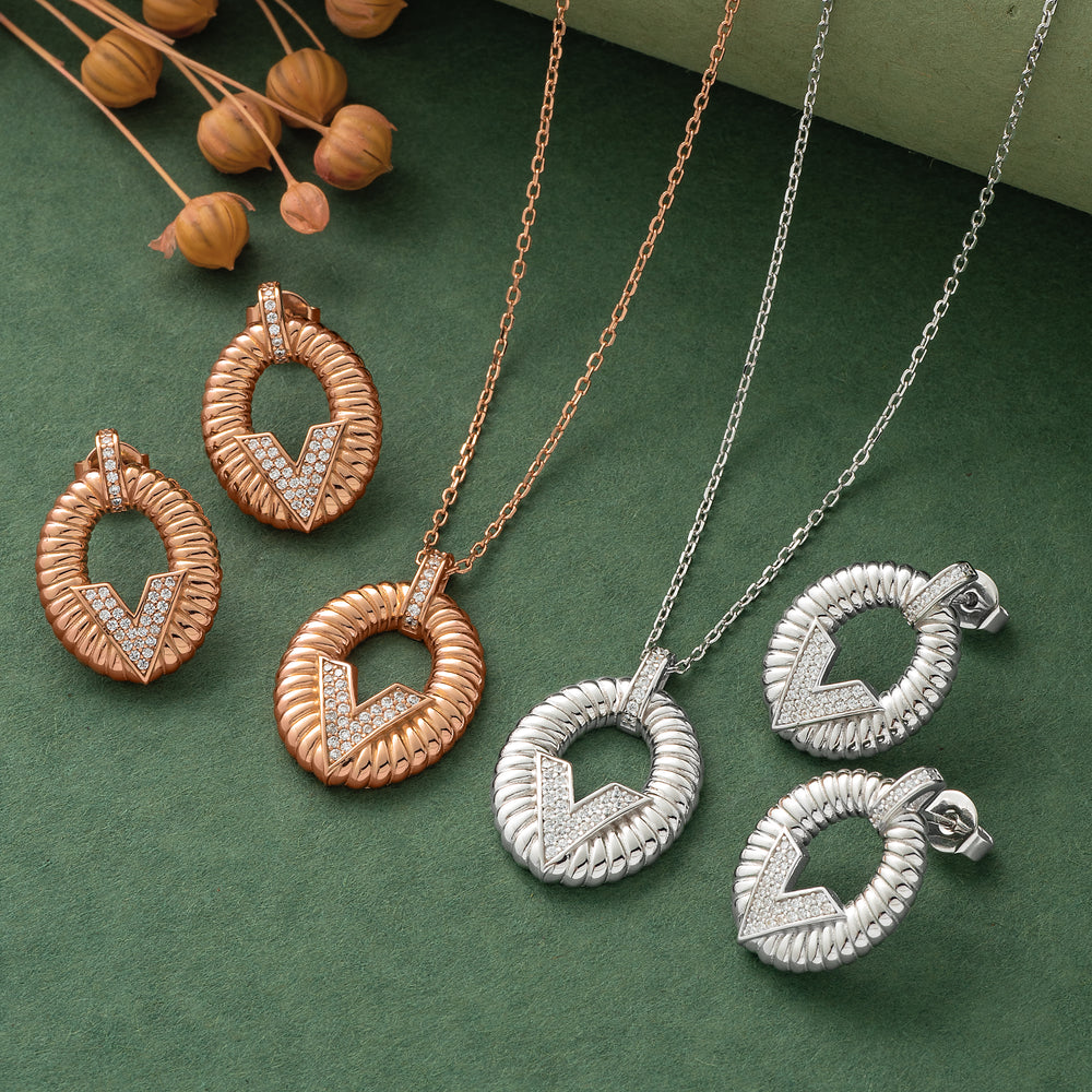 925 Silver Pendant Set With Earrings By Kesardeep For Women Rose Gold And Silver Plated Party Wear