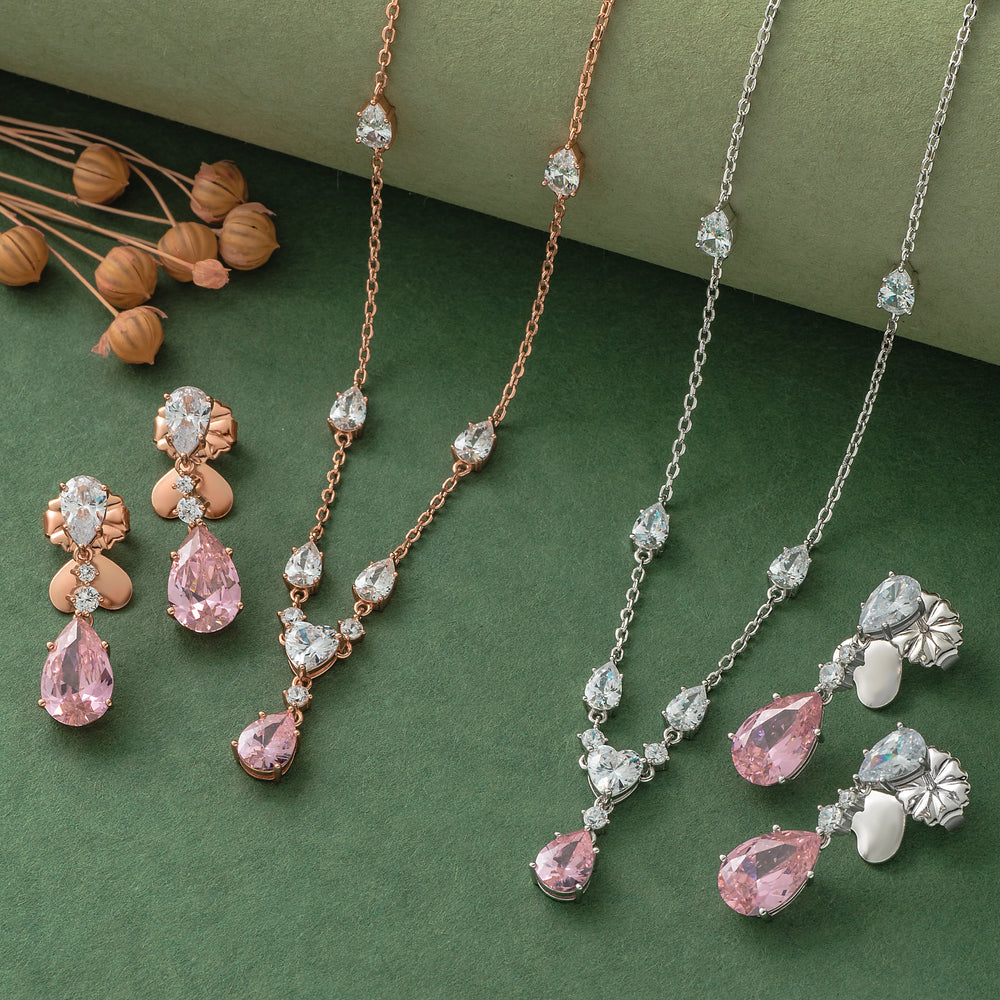 925 Silver Pendant Set With Earrings By Kesardeep For Women Rose Gold And Silver Plated Party Wear
