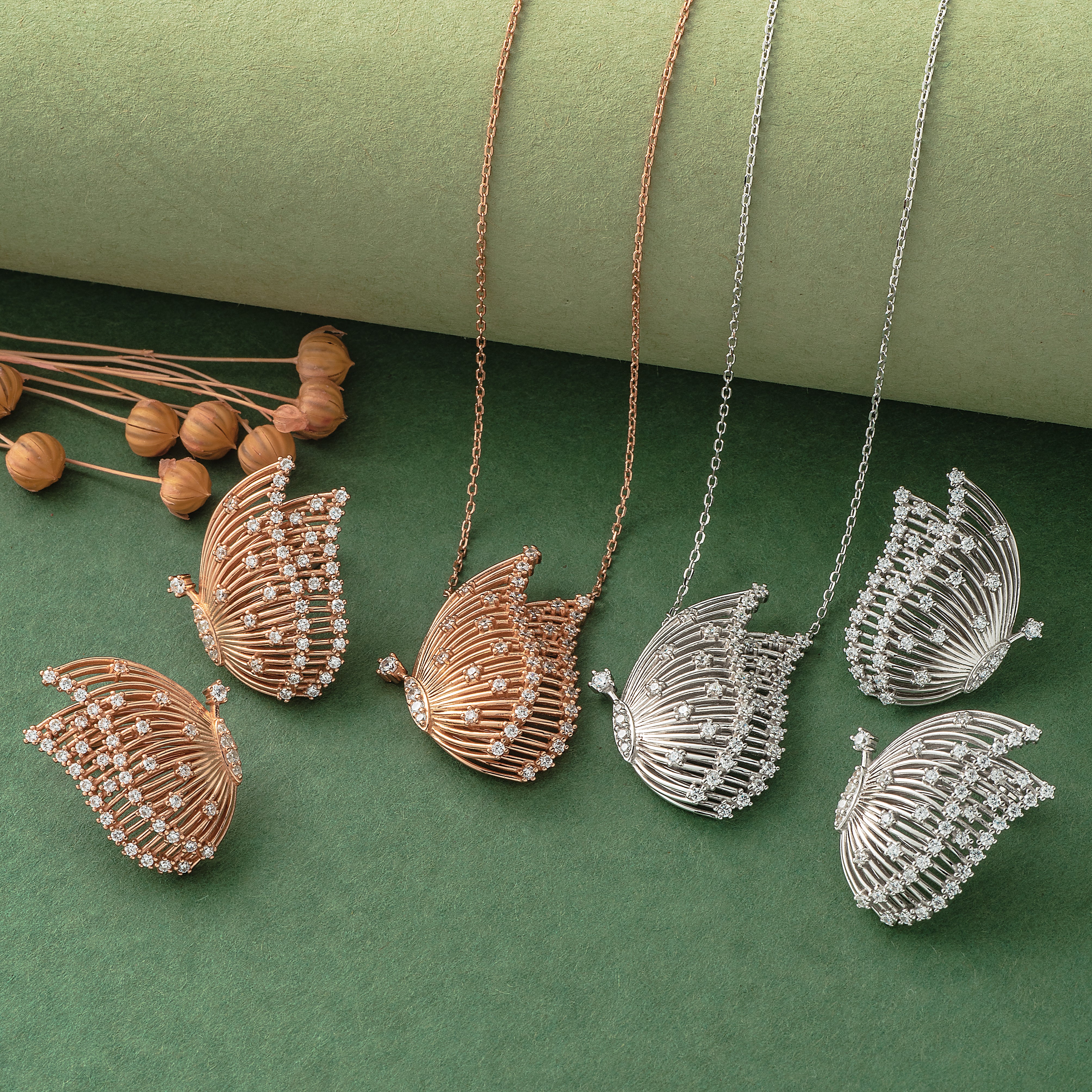 925 Silver Pendant Set With Earrings By Kesardeep For Women Rose Gold And Silver Plated Party Wear
