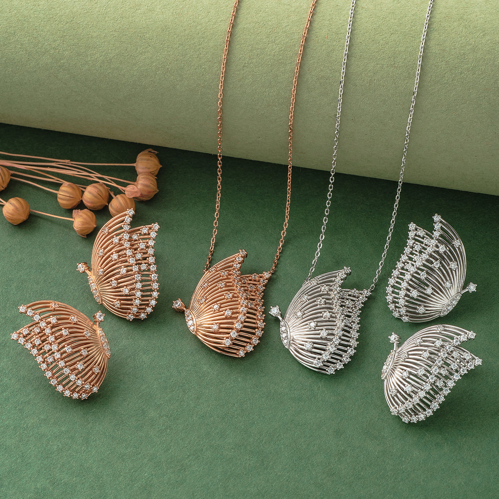 925 Silver Pendant Set With Earrings By Kesardeep For Women Rose Gold And Silver Plated Party Wear
