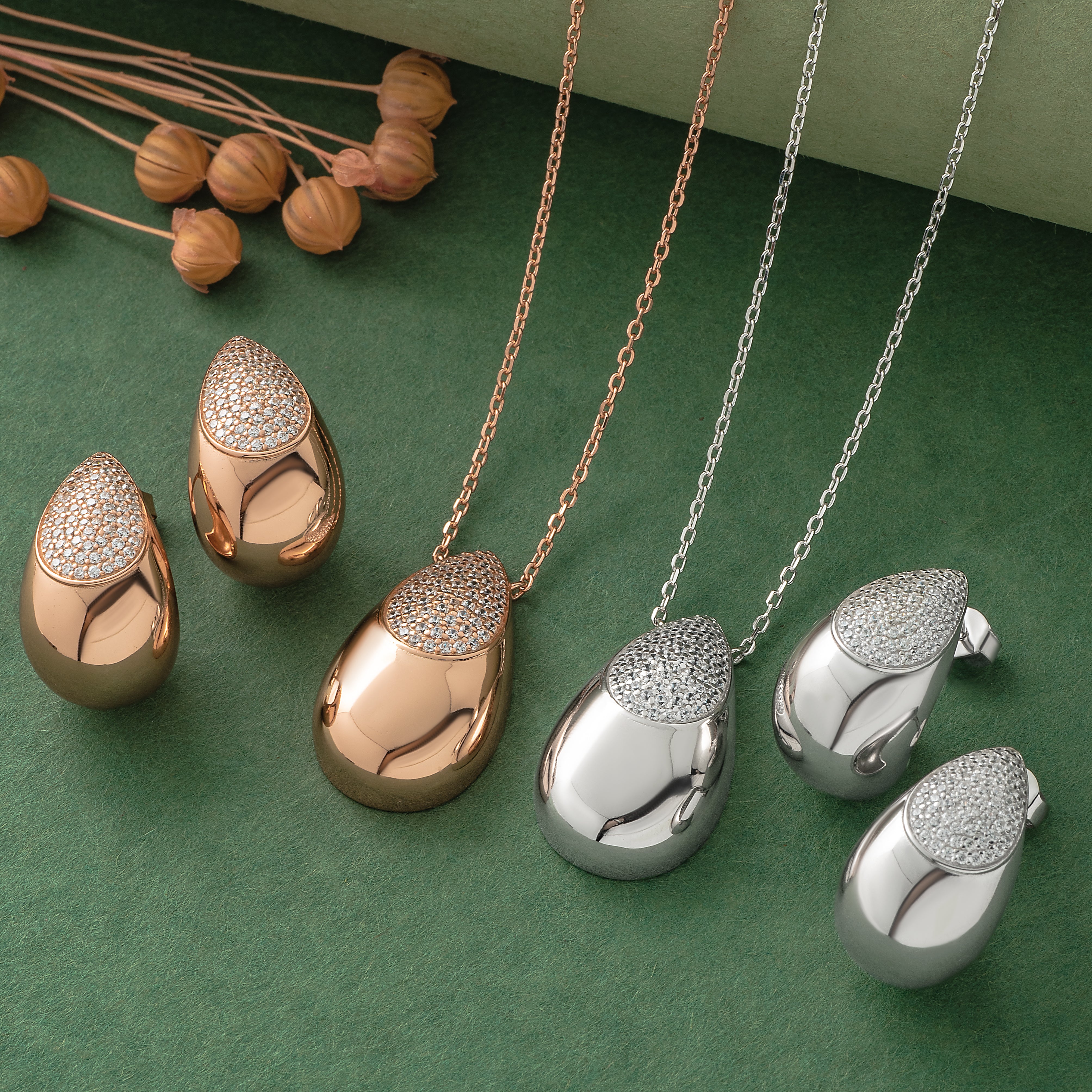 925 Silver Pendant Set With Earrings By Kesardeep For Women Rose Gold And Silver Plated Party Wear