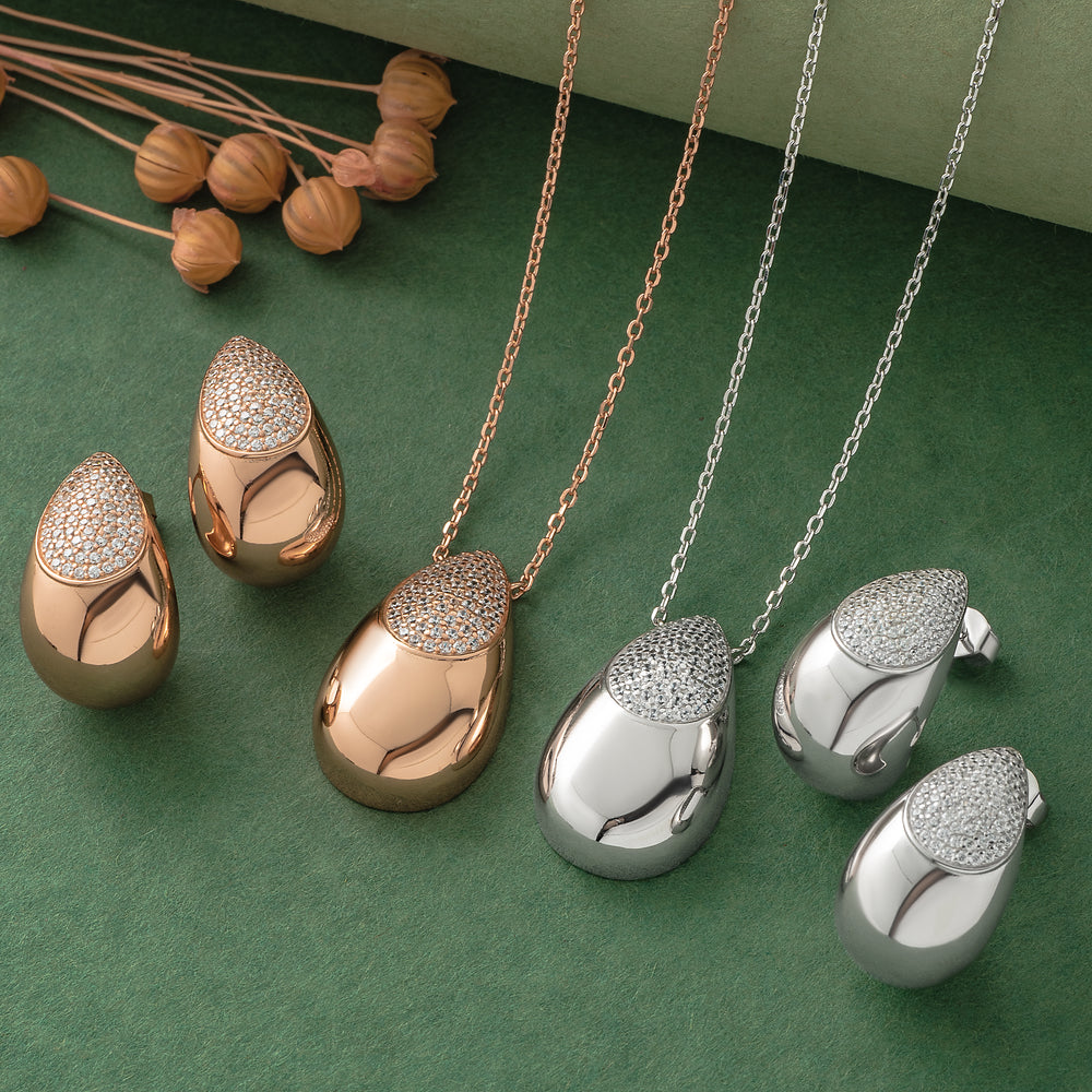 925 Silver Pendant Set With Earrings By Kesardeep For Women Rose Gold And Silver Plated Party Wear