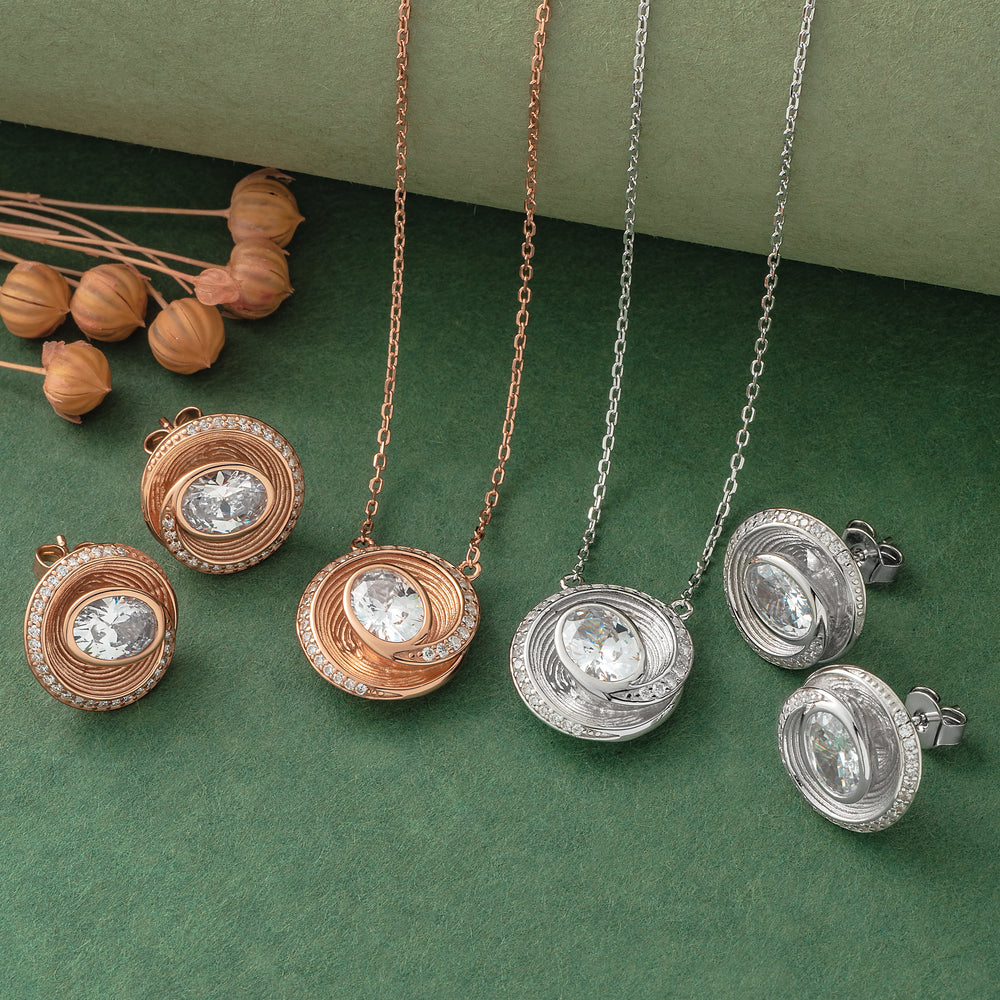 925 Silver Pendant Set With Earrings By Kesardeep For Women Rose Gold And Silver Plated Party Wear