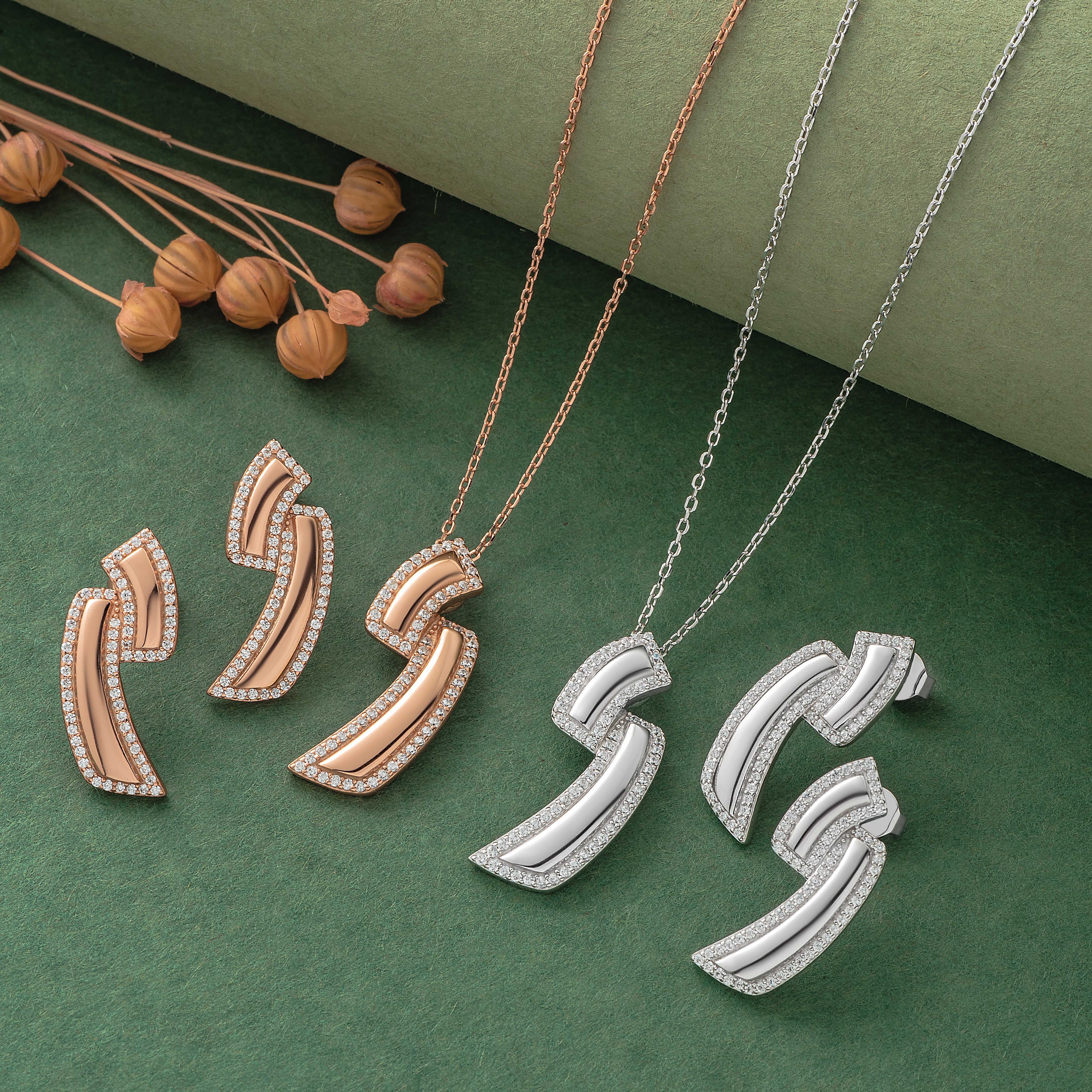 925 Silver Pendant Set With Earrings By Kesardeep For Women Rose Gold And Silver Plated Party Wear