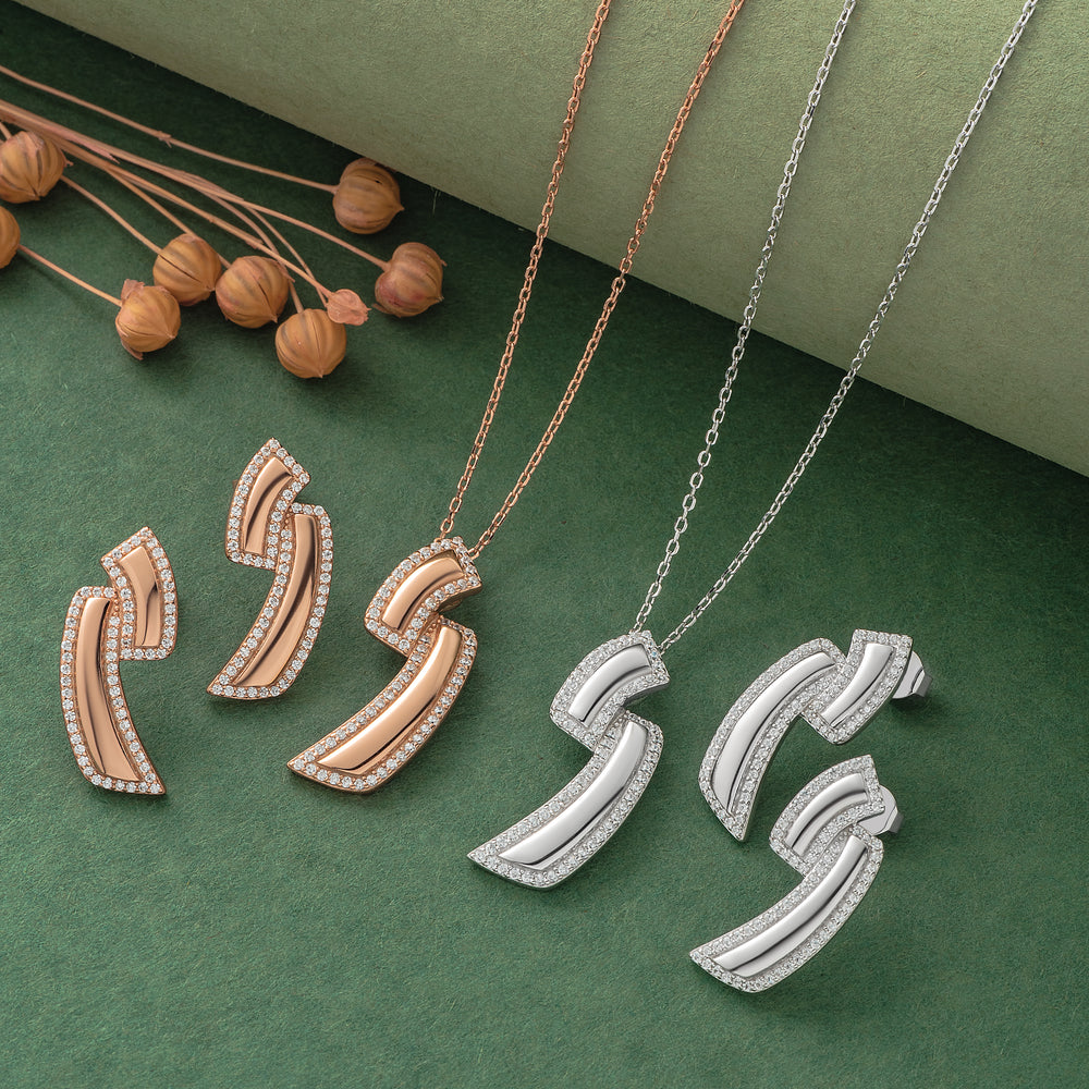 925 Silver Pendant Set With Earrings By Kesardeep For Women Rose Gold And Silver Plated Party Wear