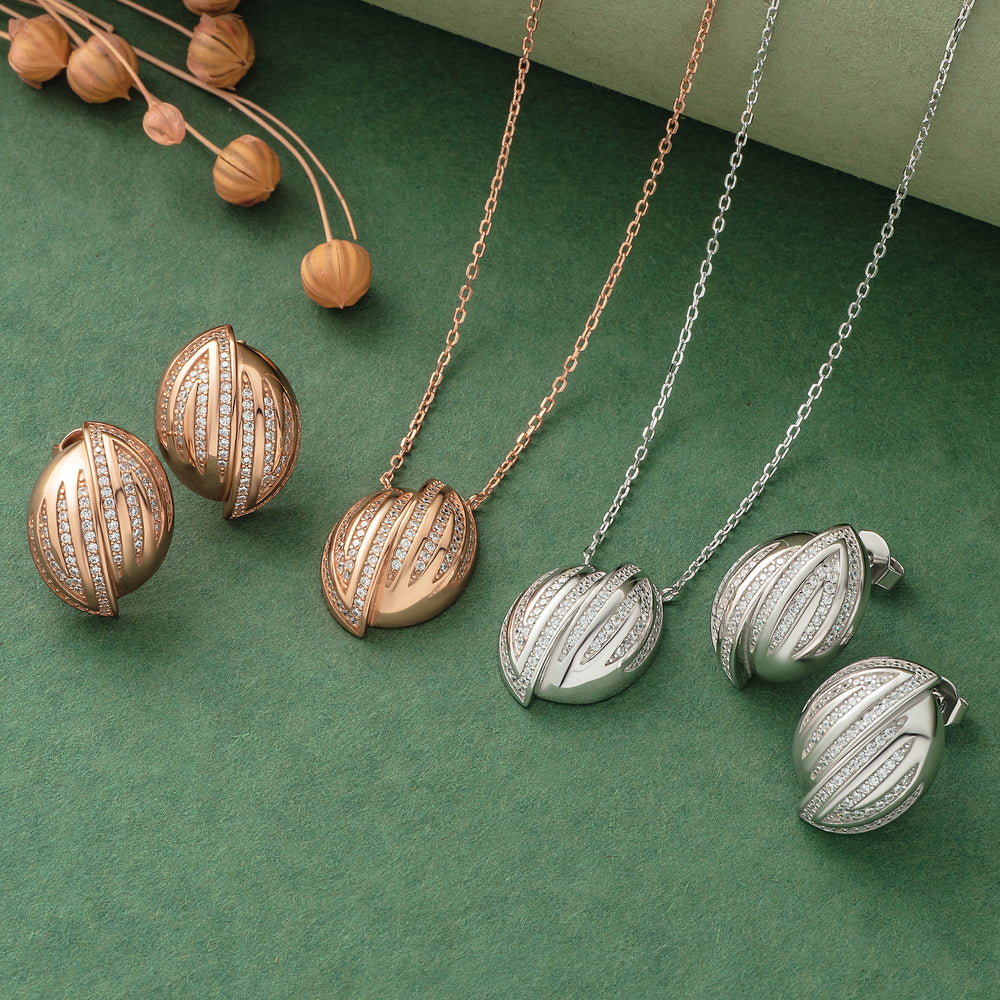 925 Silver Pendant Set With Earrings By Kesardeep For Women Rose Gold And Silver Plated Party Wear