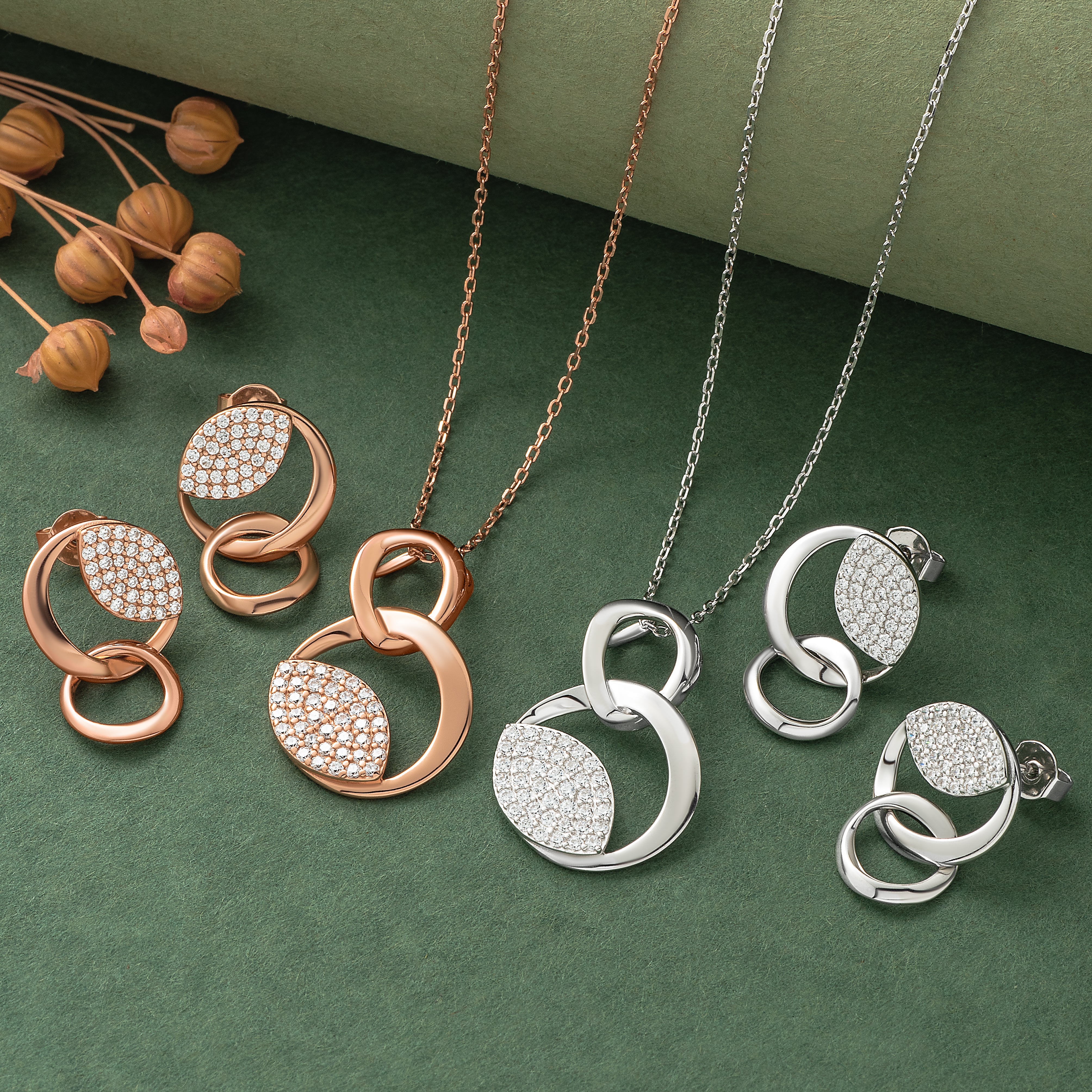 925 Silver Pendant Set With Earrings By Kesardeep For Women Rose Gold And Silver Plated Party Wear