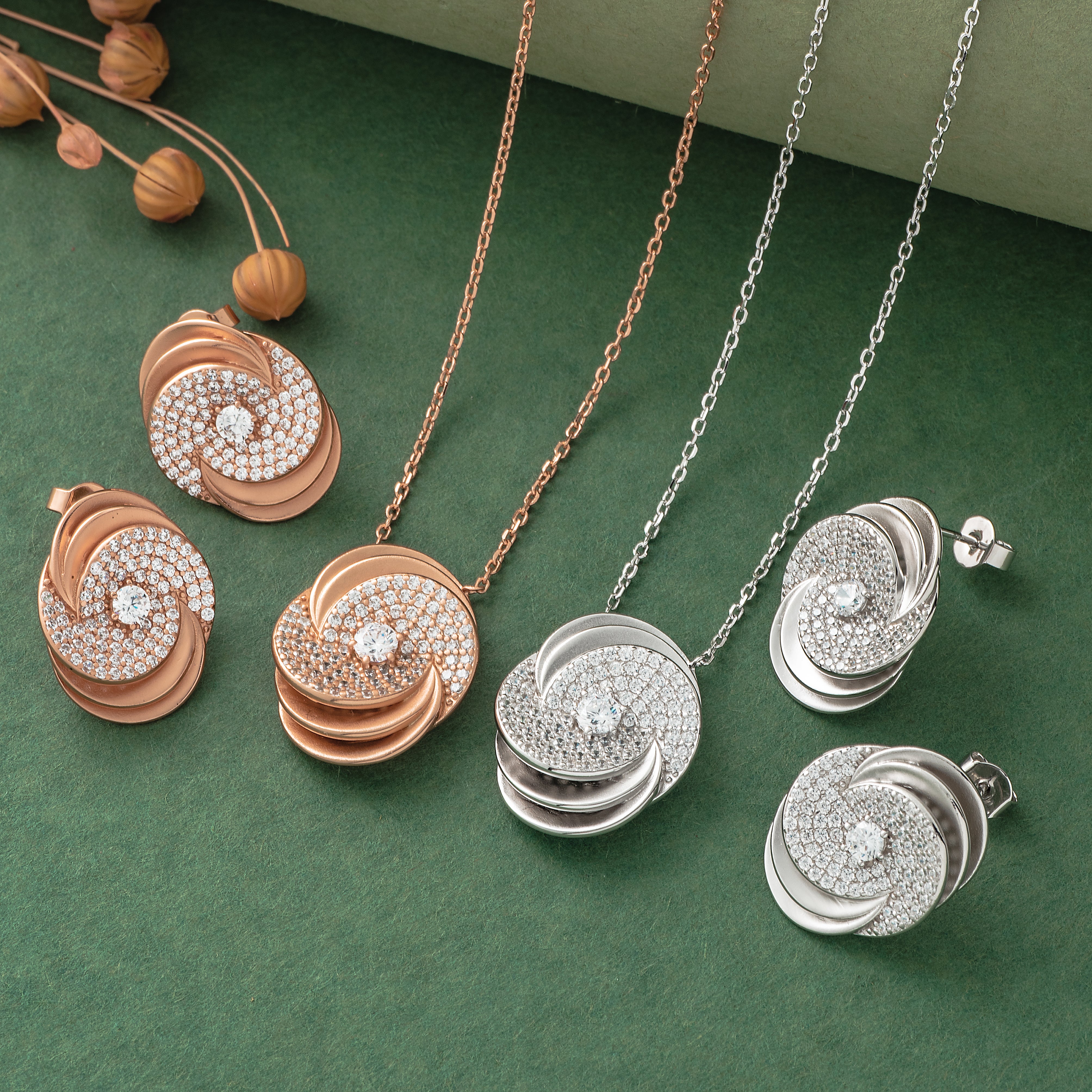 925 Silver Pendant Set With Earrings By Kesardeep For Women Rose Gold And Silver Plated Party Wear