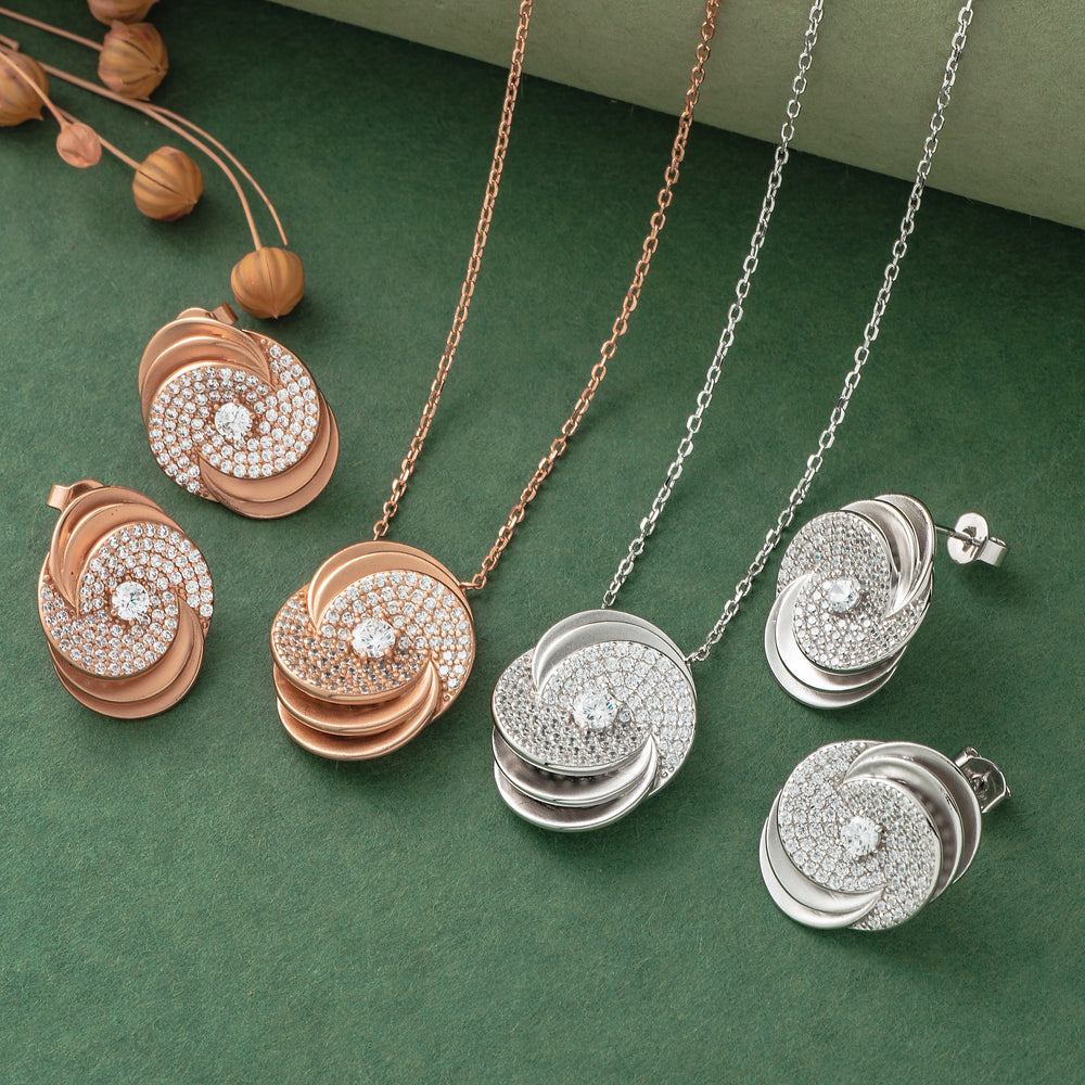 925 Silver Pendant Set With Earrings By Kesardeep For Women Rose Gold And Silver Plated Party Wear