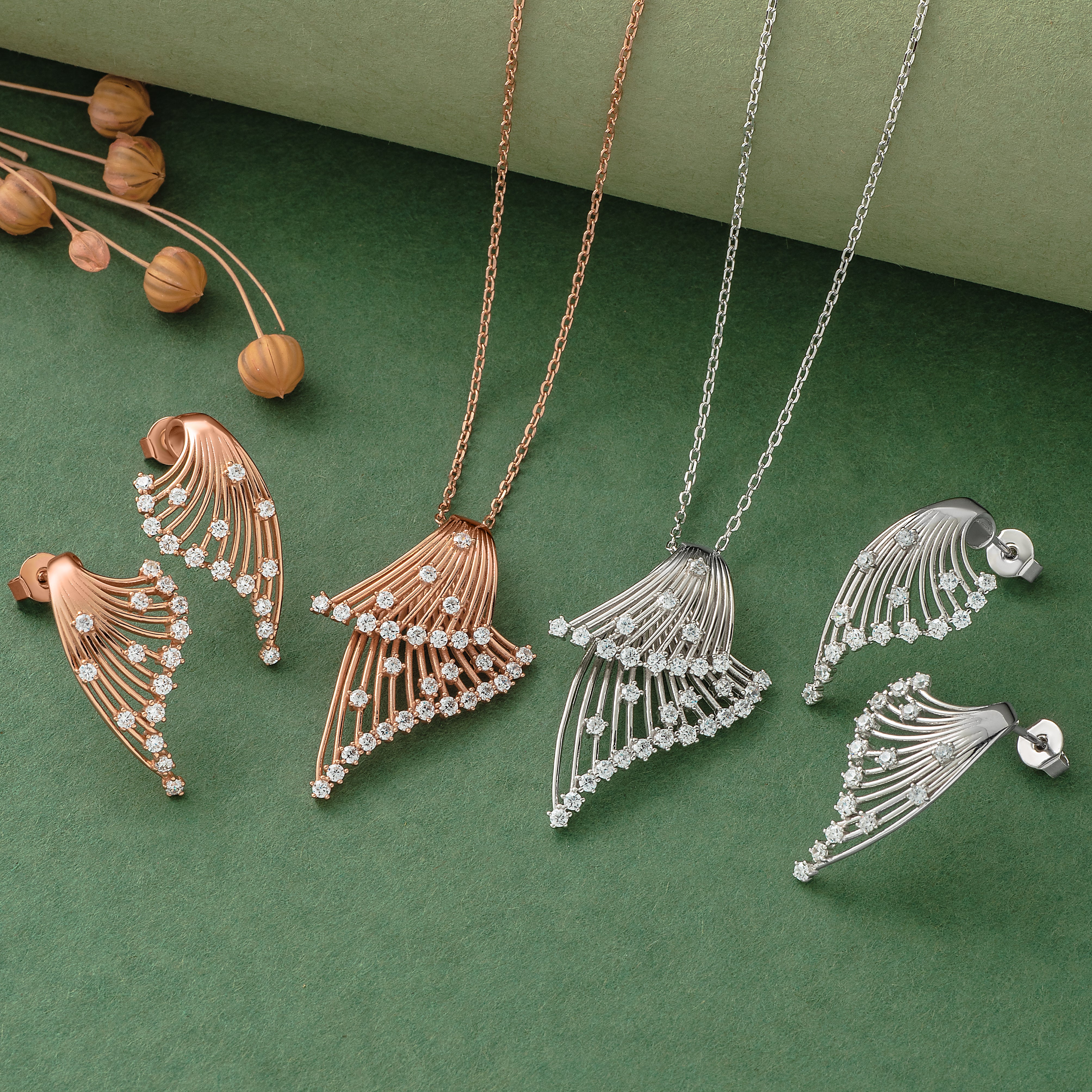 925 Silver Pendant Set With Earrings By Kesardeep For Women Rose Gold And Silver Plated Party Wear
