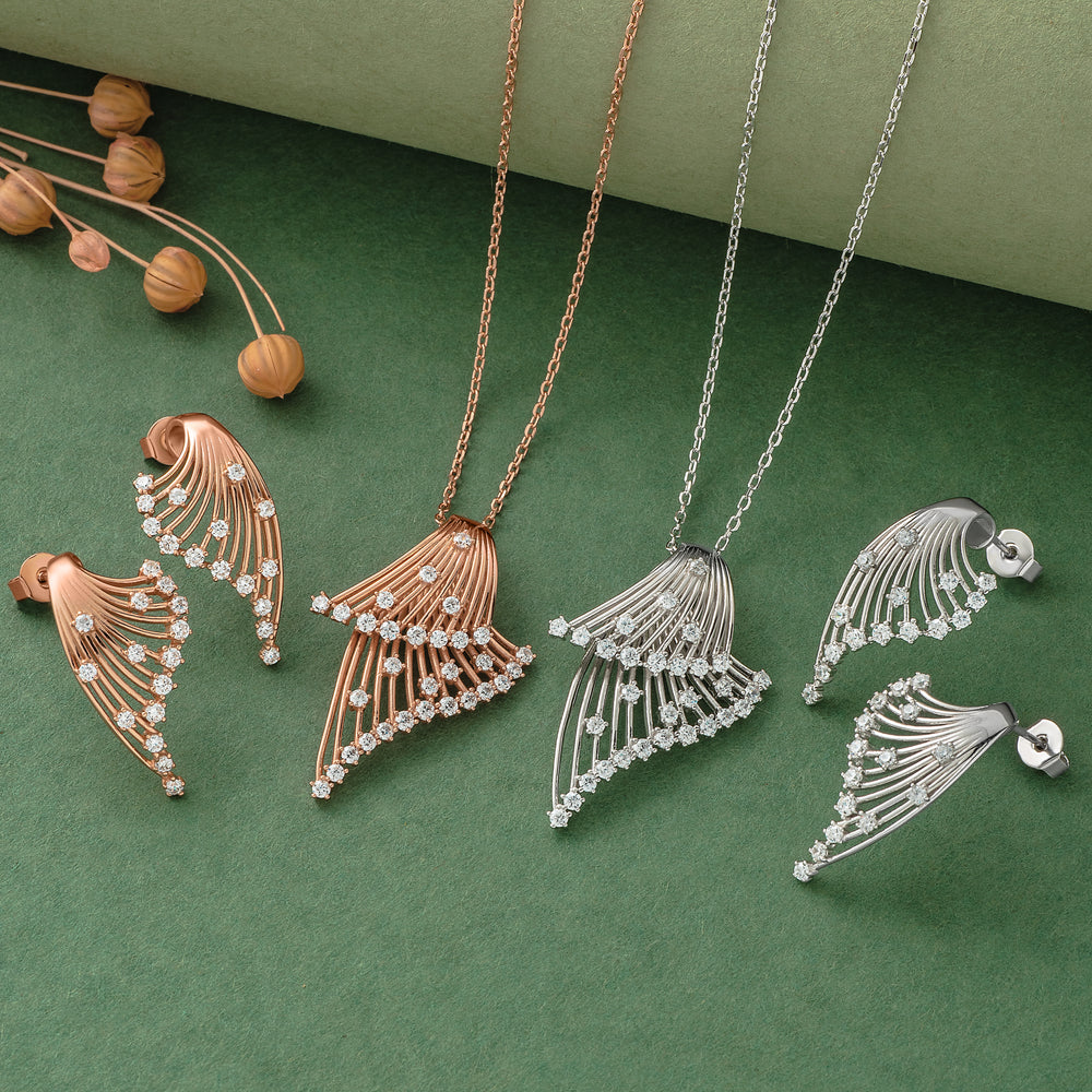 925 Silver Pendant Set With Earrings By Kesardeep For Women Rose Gold And Silver Plated Party Wear