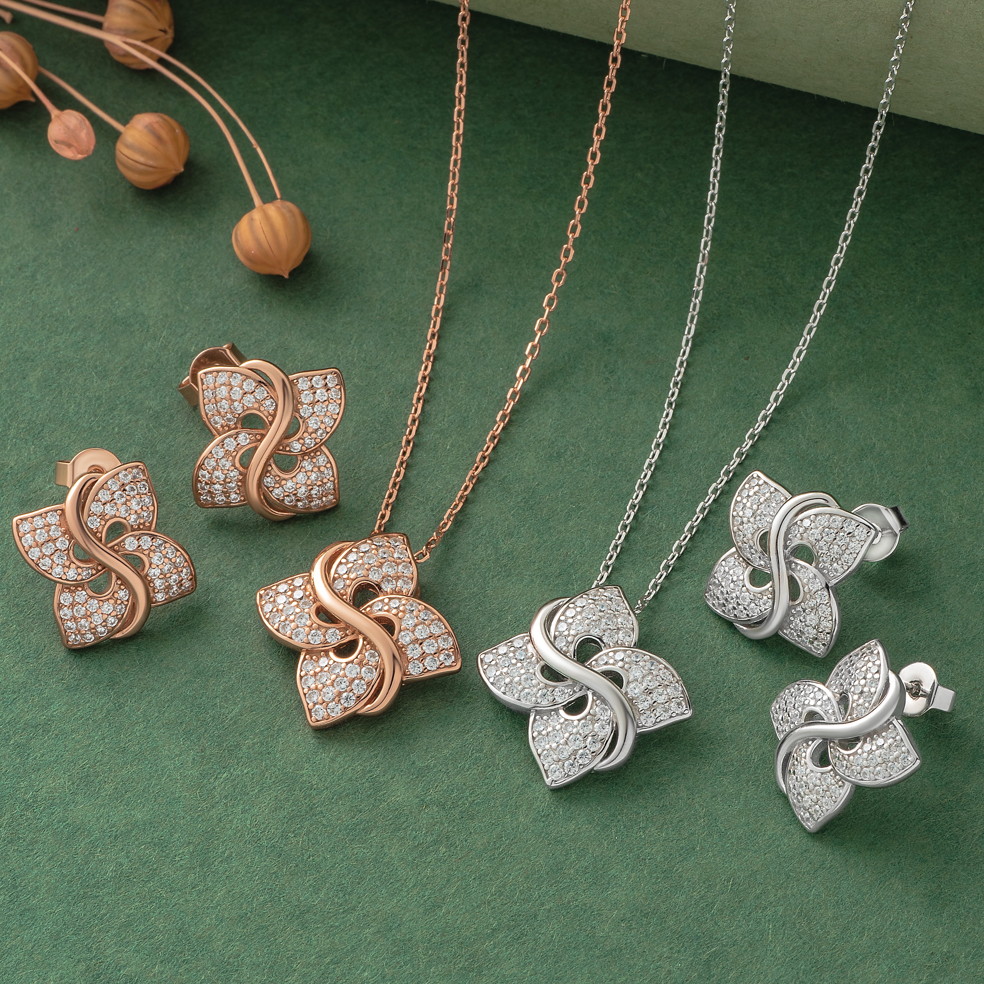 925 Silver Pendant Set With Earrings By Kesardeep For Women Rose Gold And Silver Plated Party Wear