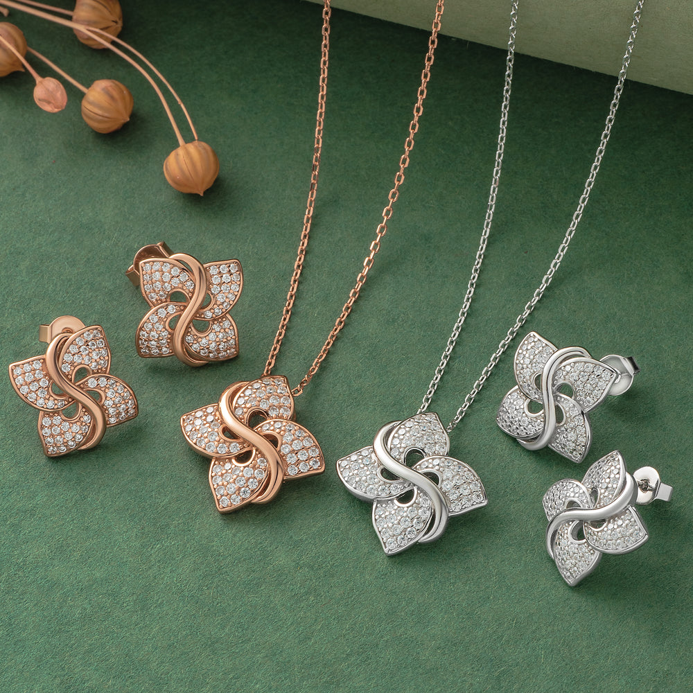 925 Silver Pendant Set With Earrings By Kesardeep For Women Rose Gold And Silver Plated Party Wear
