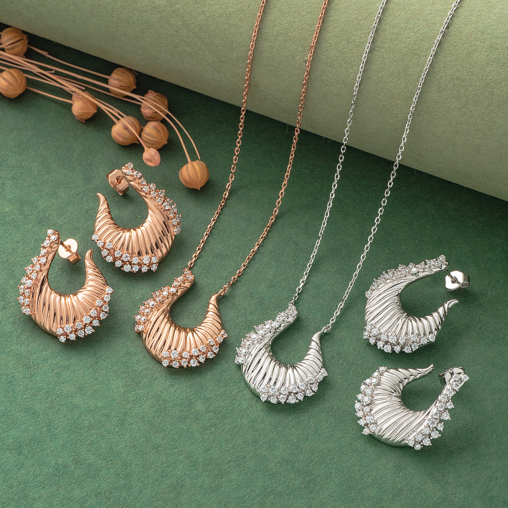925 Silver Pendant Set With Earrings By Kesardeep For Women Rose Gold And Silver Plated Party Wear