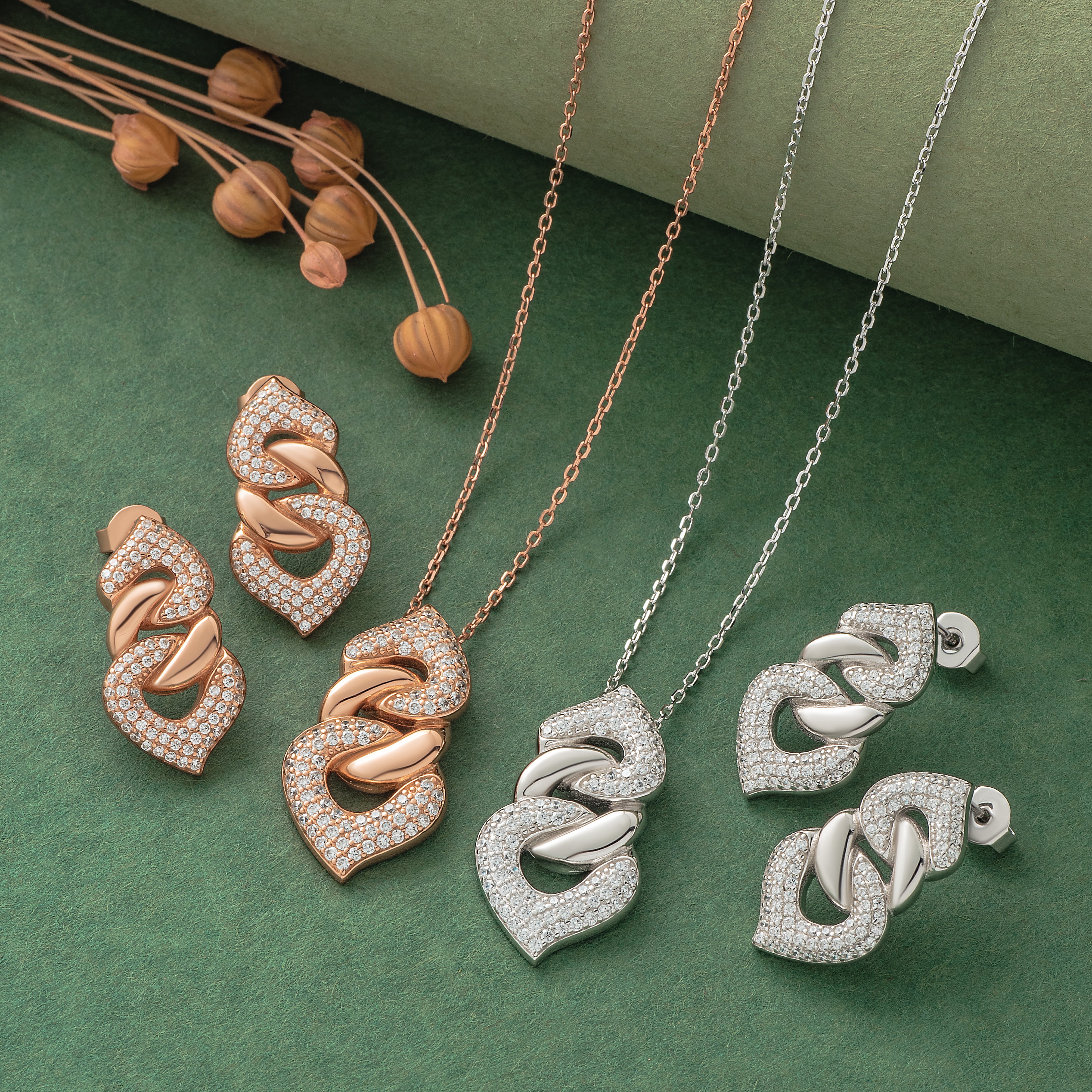 925 Silver Pendant Set With Earrings By Kesardeep For Women Rose Gold And Silver Plated Party Wear