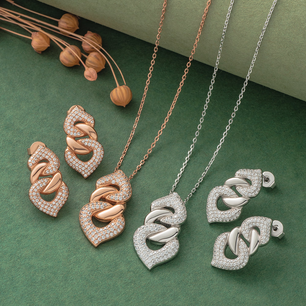 925 Silver Pendant Set With Earrings By Kesardeep For Women Rose Gold And Silver Plated Party Wear