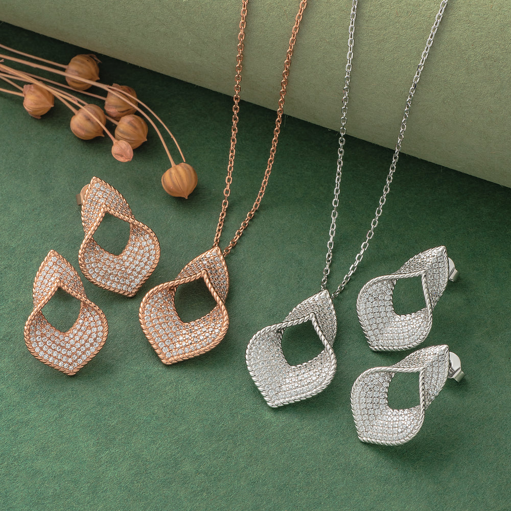 925 Silver Pendant Set With Earrings By Kesardeep For Women Rose Gold And Silver Plated Party Wear