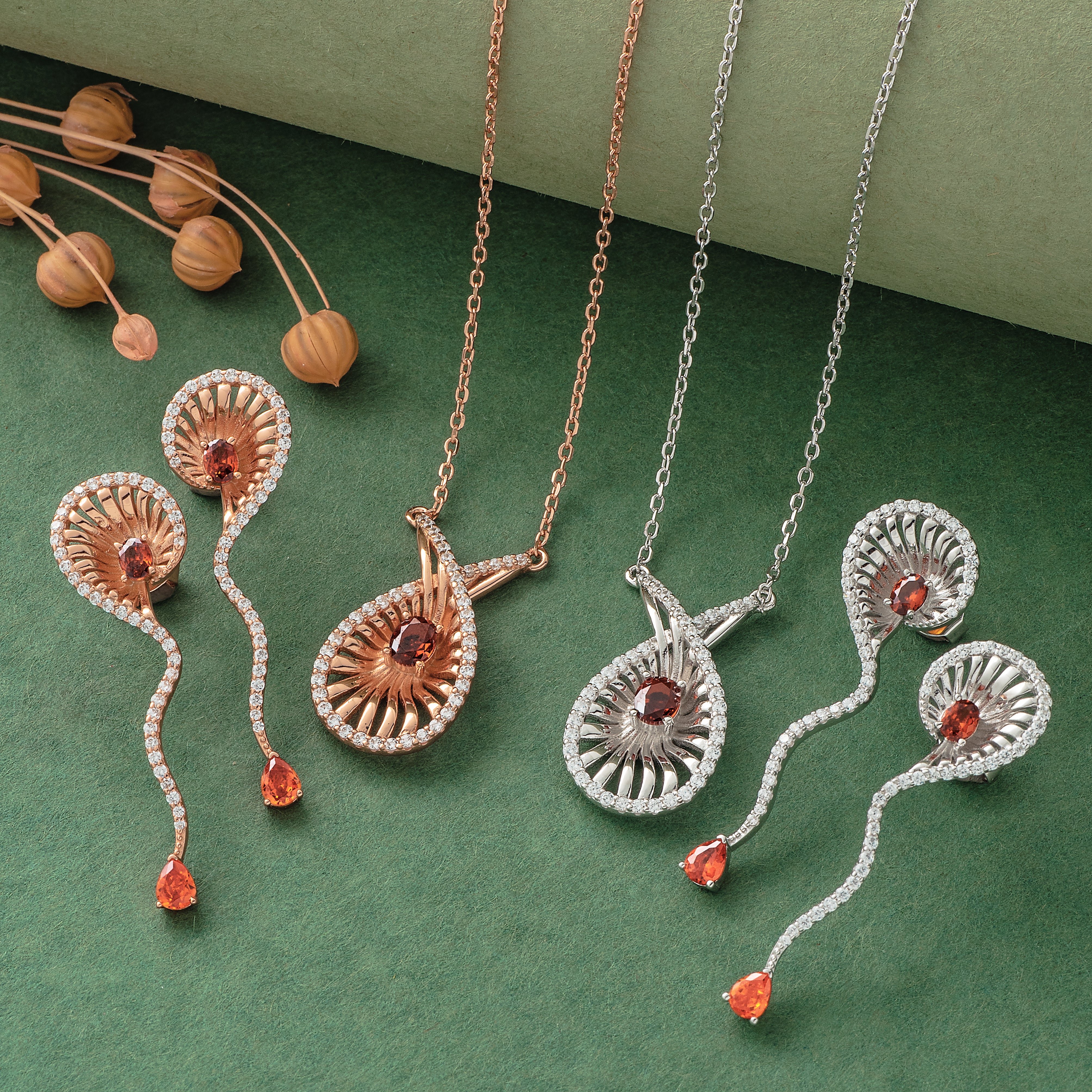 925 Silver Pendant Set With Earrings By Kesardeep For Women Rose Gold And Silver Plated Party Wear