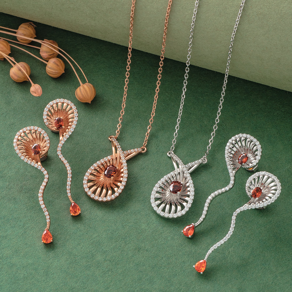 925 Silver Pendant Set With Earrings By Kesardeep For Women Rose Gold And Silver Plated Party Wear