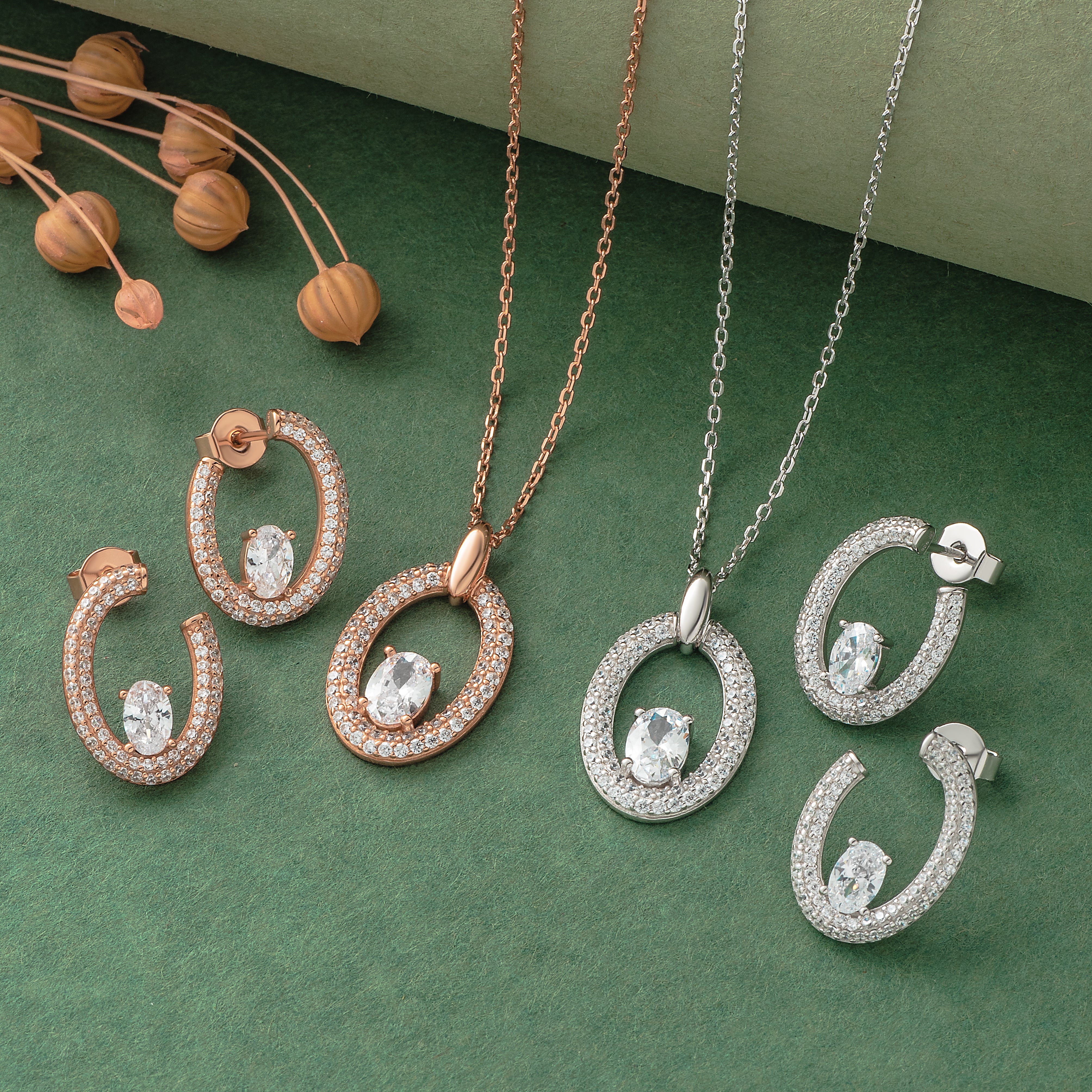 925 Silver Pendant Set With Earrings By Kesardeep For Women Rose Gold And Silver Plated Party Wear
