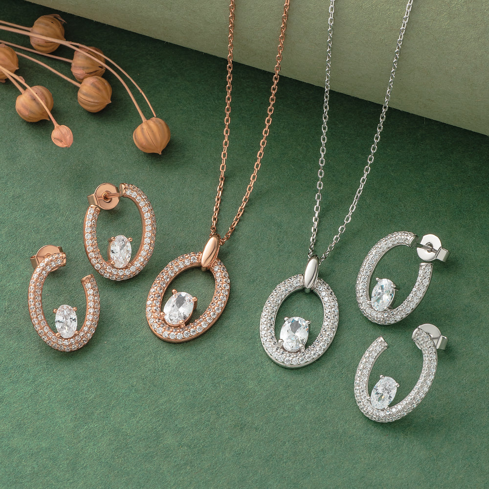 925 Silver Pendant Set With Earrings By Kesardeep For Women Rose Gold And Silver Plated Party Wear