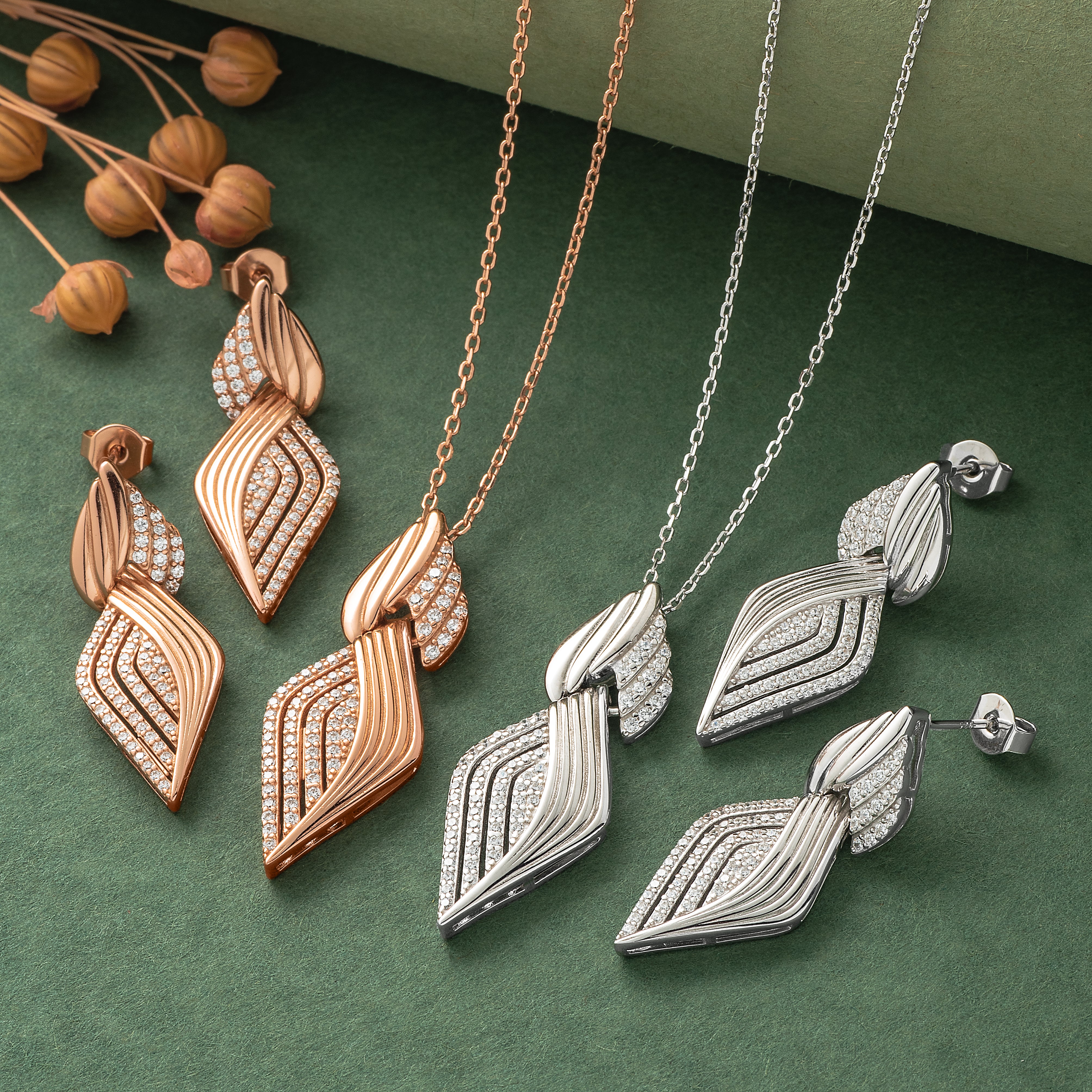 925 Silver Pendant Set With Earrings By Kesardeep For Women Rose Gold And Silver Plated Party Wear