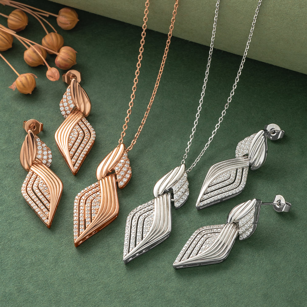 925 Silver Pendant Set With Earrings By Kesardeep For Women Rose Gold And Silver Plated Party Wear