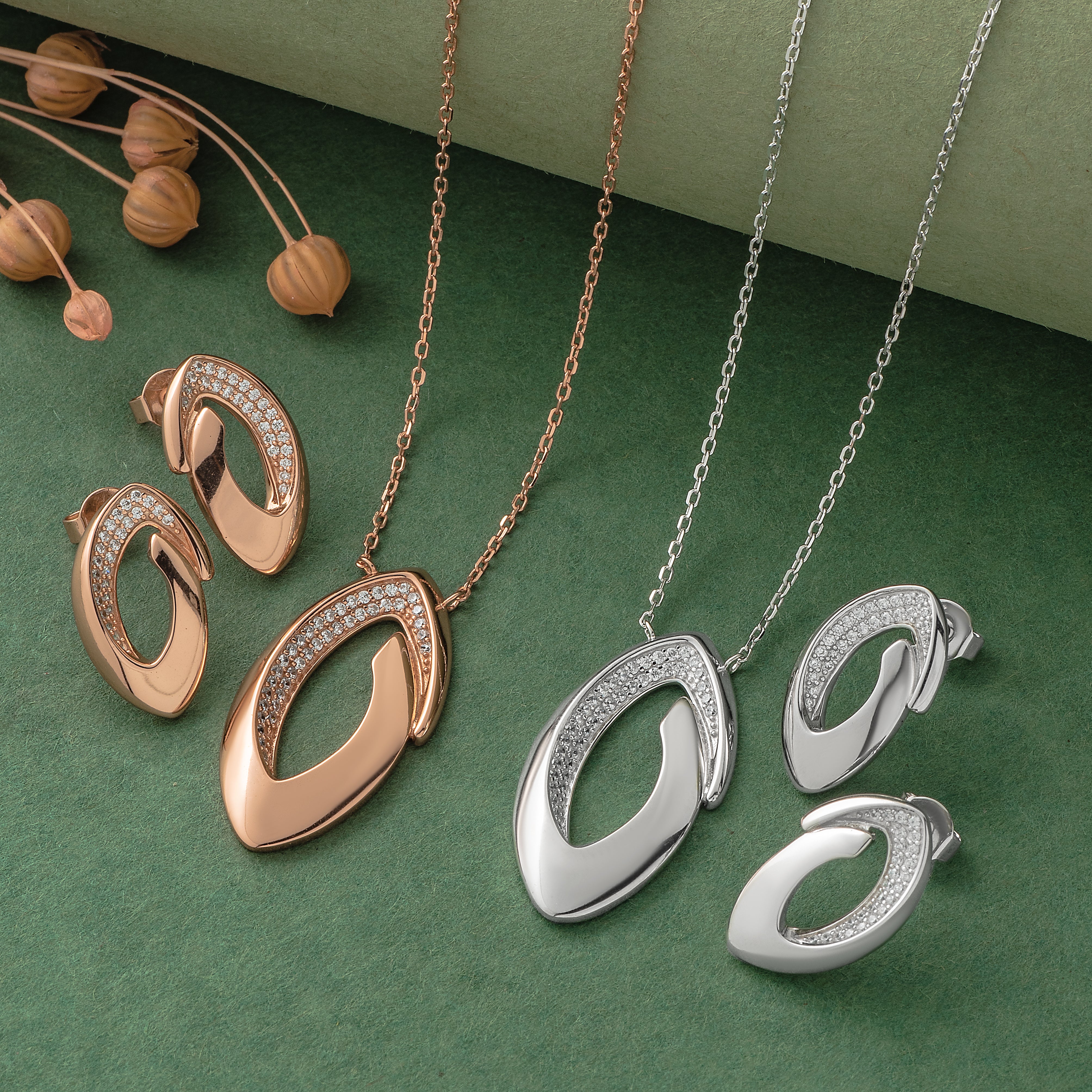 925 Silver Pendant Set With Earrings By Kesardeep For Women Rose Gold And Silver Plated Party Wear